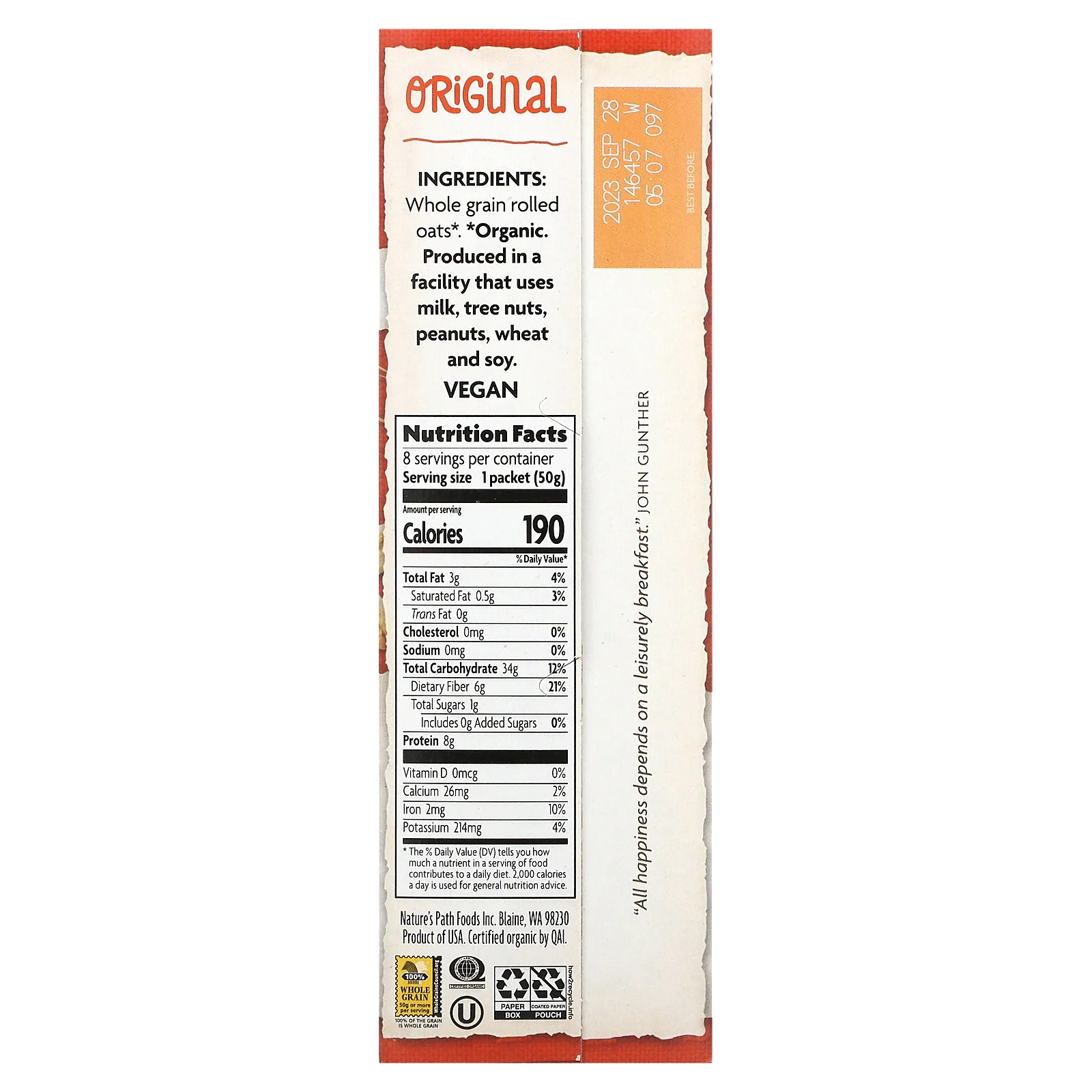 Nature's Path, Органическая овсянка быстрого приготовления, оригинальная, 8 пакетиков, 400 г (14 унций)