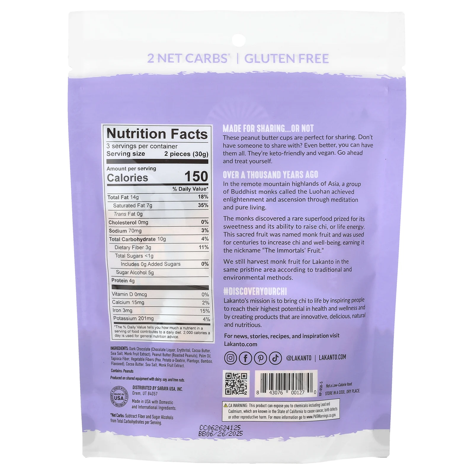 Lakanto, темный шоколад с арахисовой пастой, 6 шт., 90 г (3,17 унции)