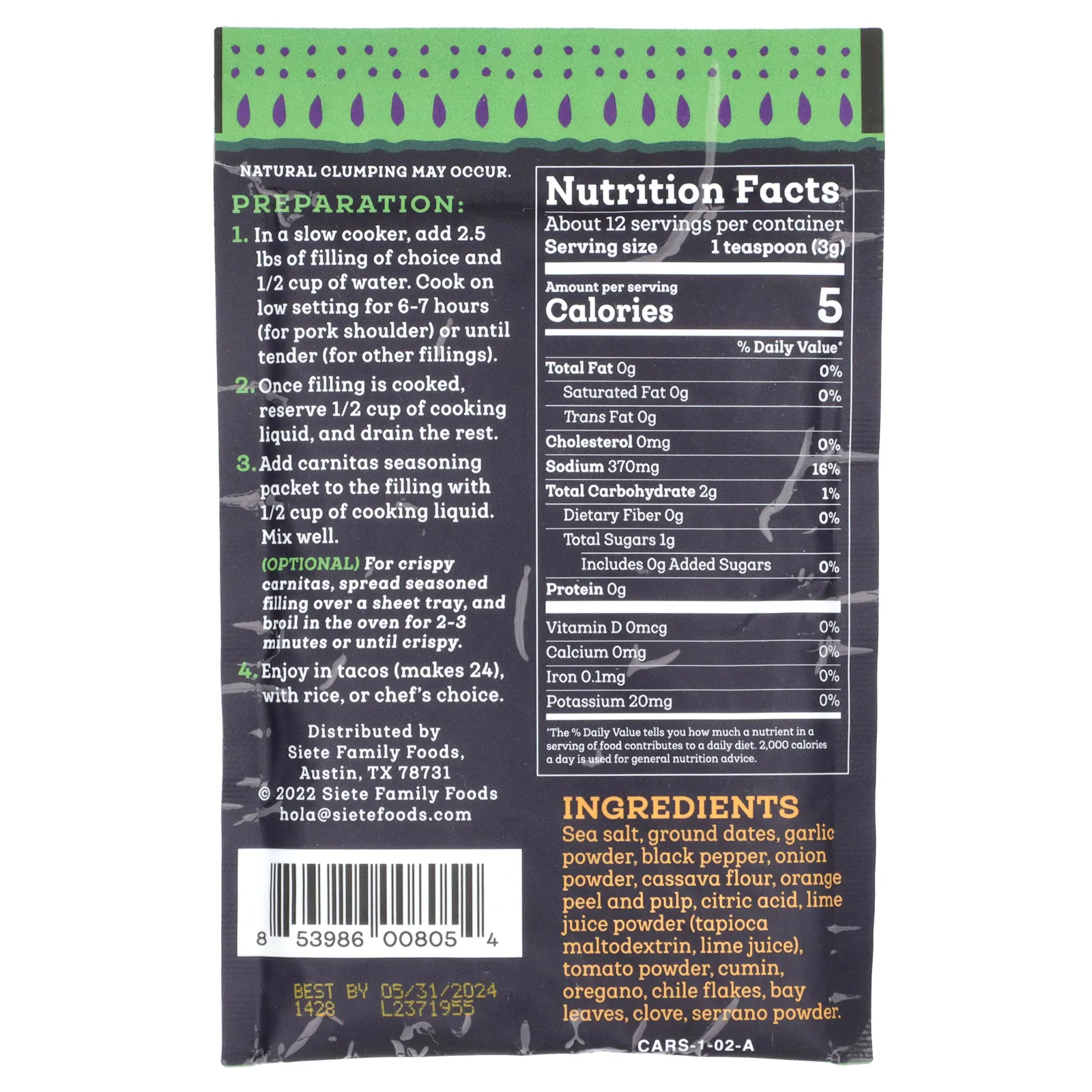 Siete, приправа карнитас, специи для медленного приготовления, 36,7 г (1,29 унции)