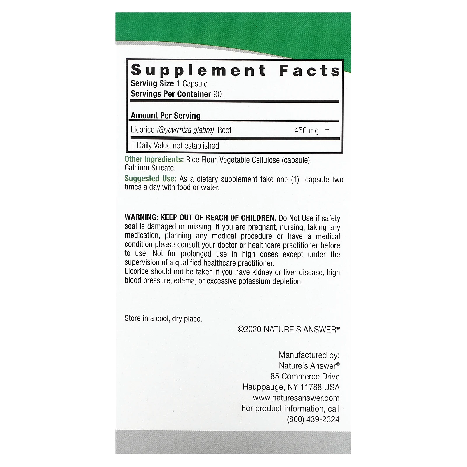 Nature's Answer, солодка, 450 мг, 90 вегетарианских капсул