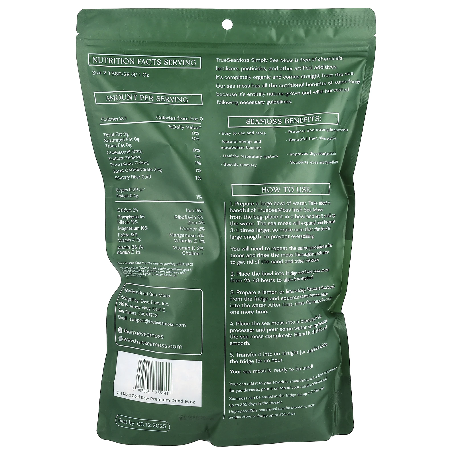 True Sea Moss, Необработанный морской мох из сухого золота премиального качества, 453 г (1 фунт)