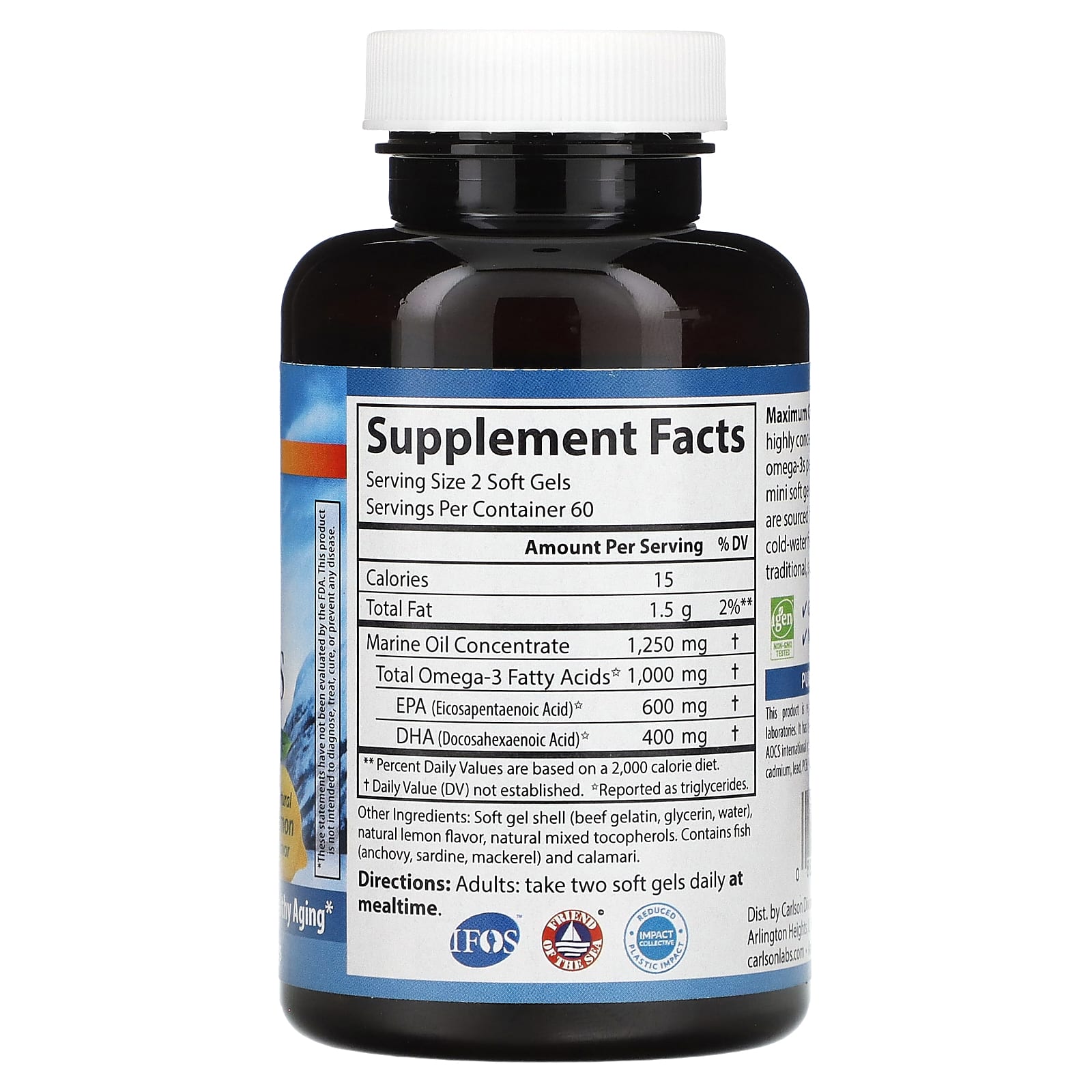 Carlson, Maximum Omega Minis, омега-3, натуральный лимонный вкус, 1000 мг, 120 миникапсул (500 мг в 1 капсуле)