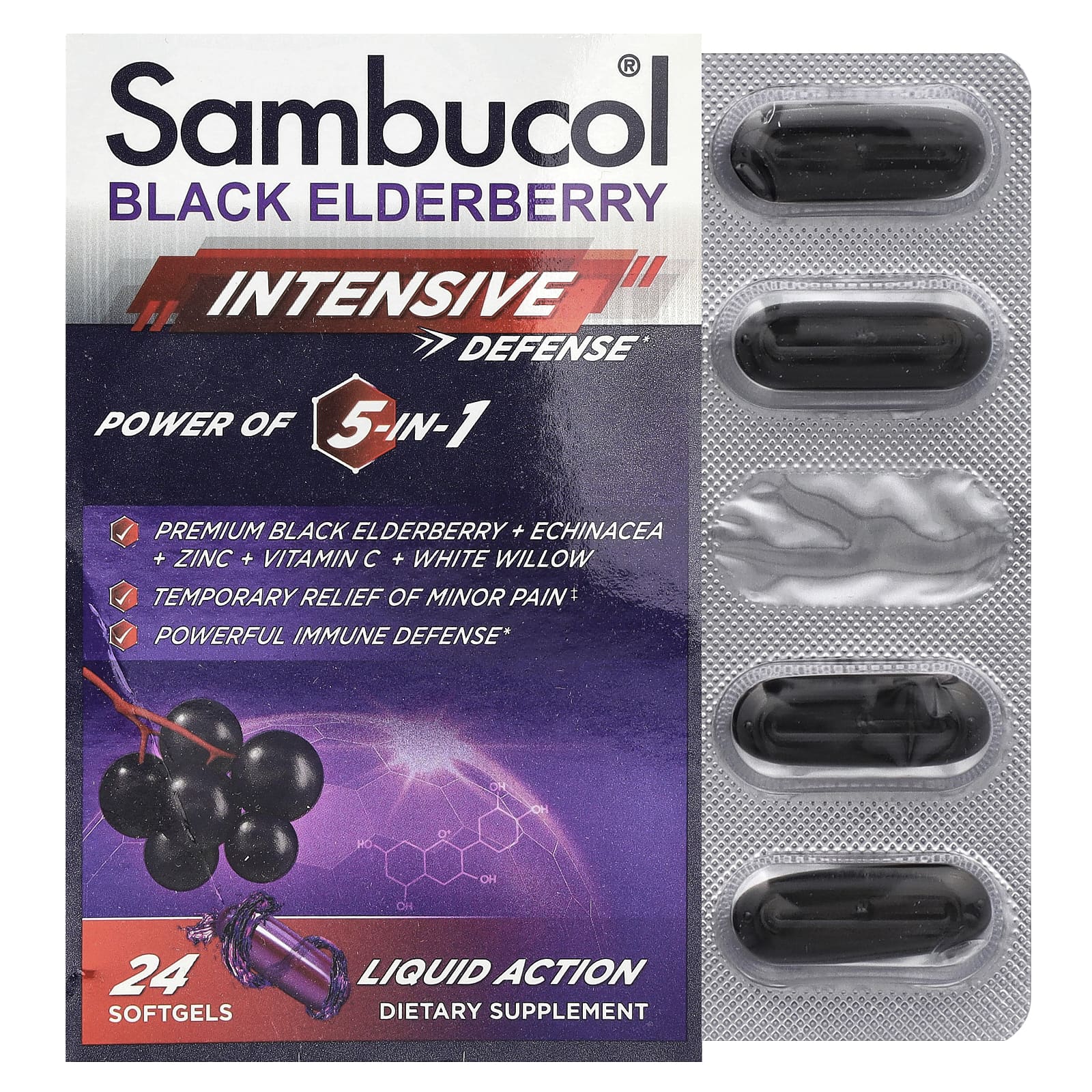 Sambucol, 5-в-1 Intense Defense + эхинацея, цинк, витамин C и белая ива, черная бузина, 24 мягкие таблетки