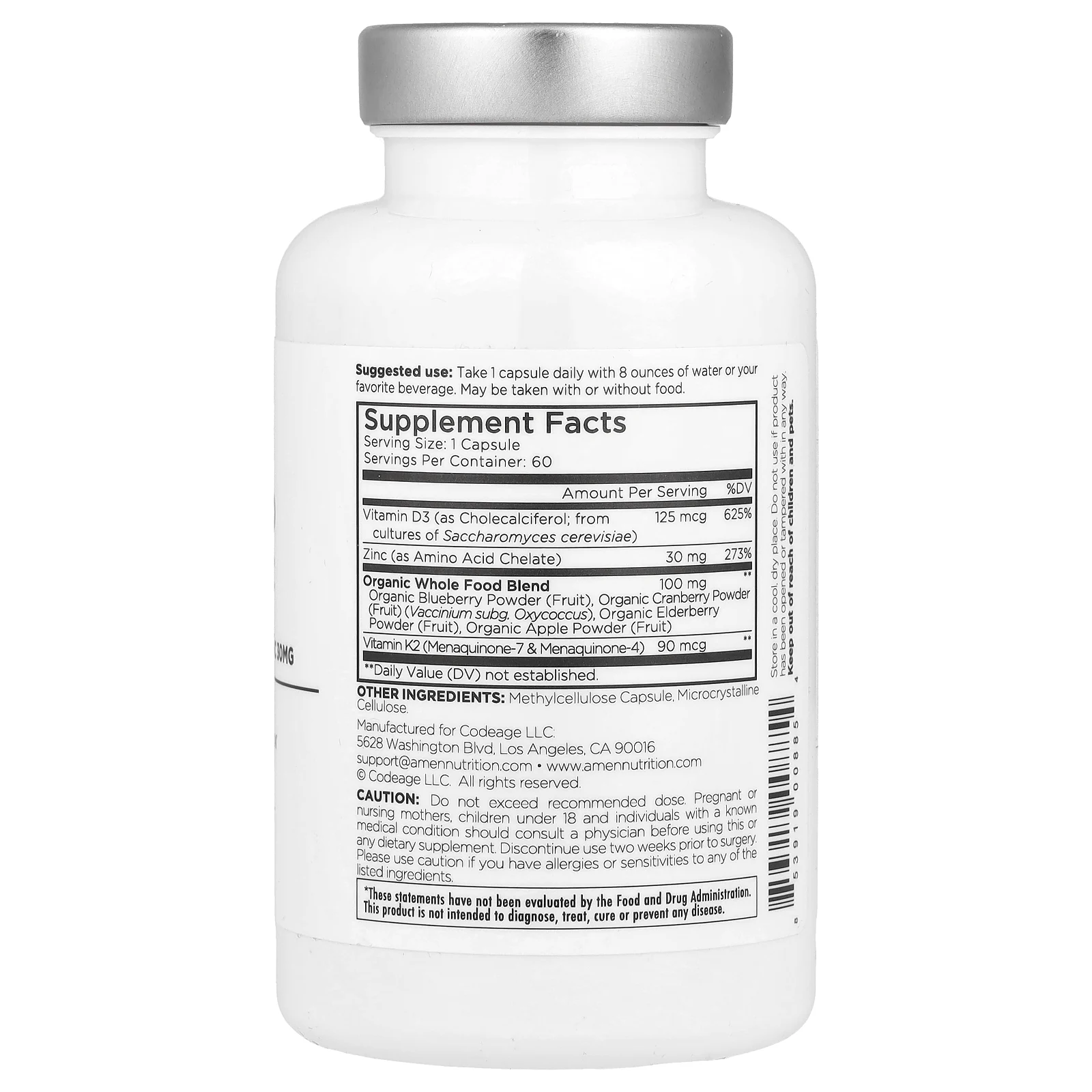Codeage, Amen, витамин D, K2 и цинк, 60 растительных капсул
