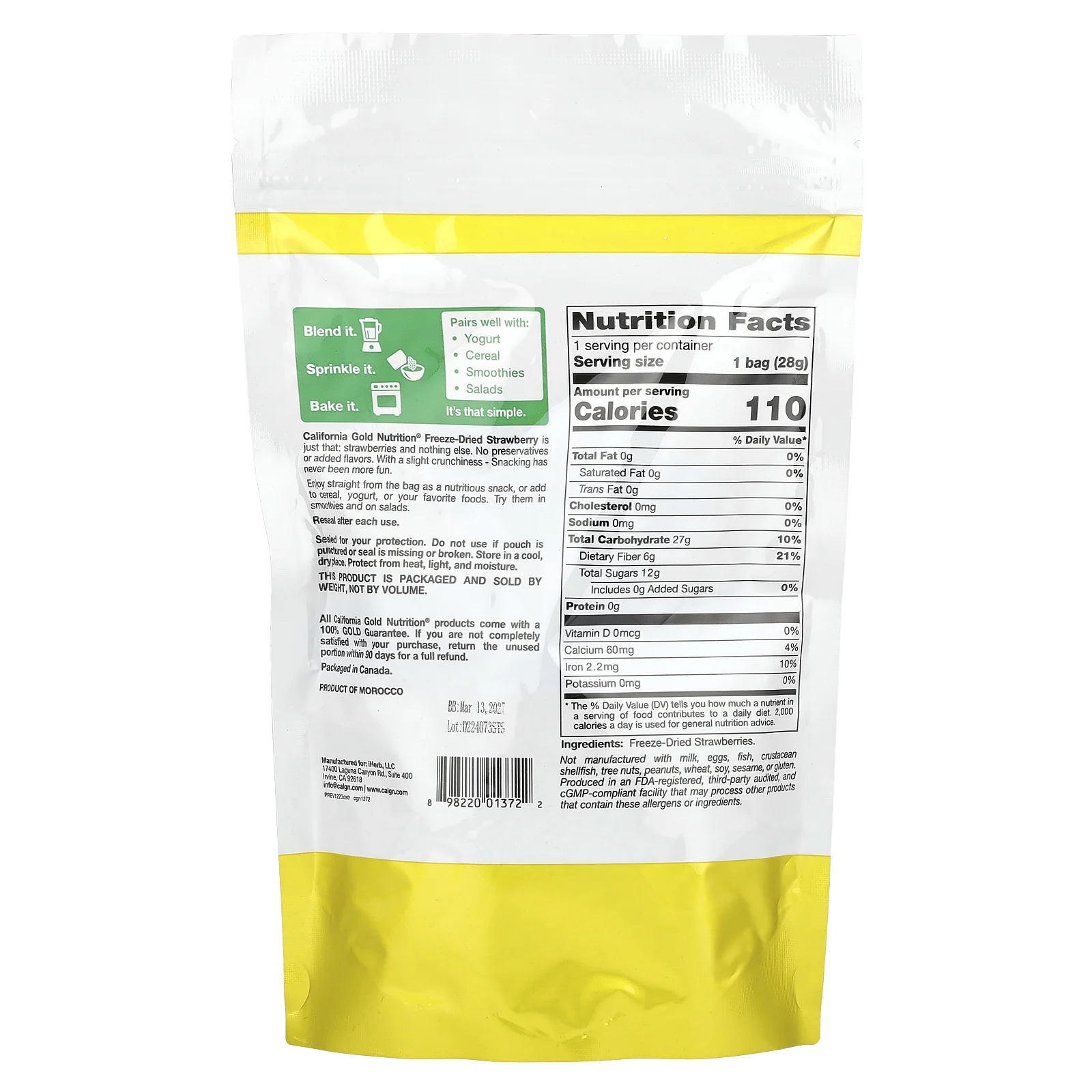 California Gold Nutrition, сублимированная клубника, кусочки ягод, готовые к употреблению, 28 г (1 унция)