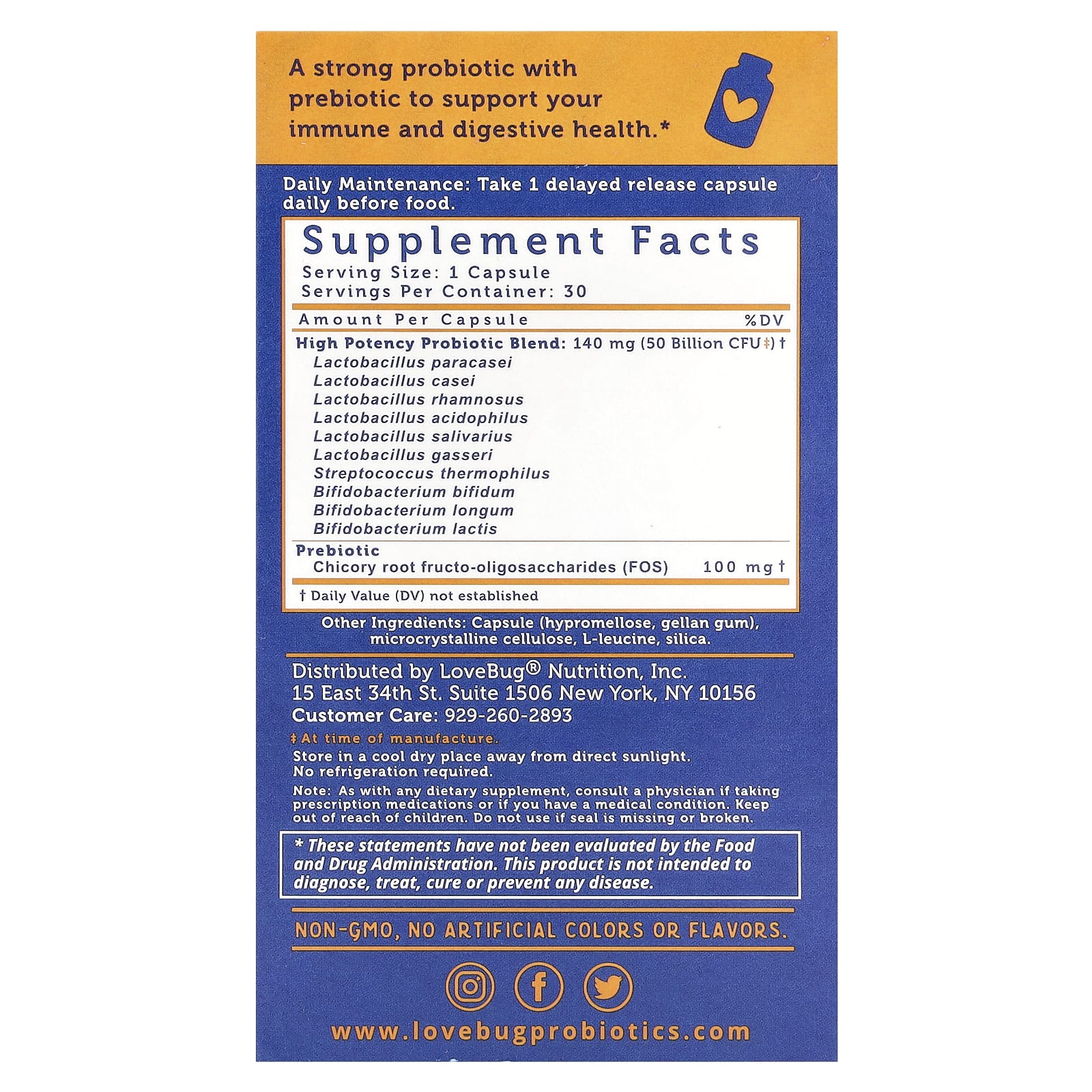 LoveBug Probiotics, Advanced Strength, пробиотик для ежедневного приема, 50 млрд КОЕ, 30 штук