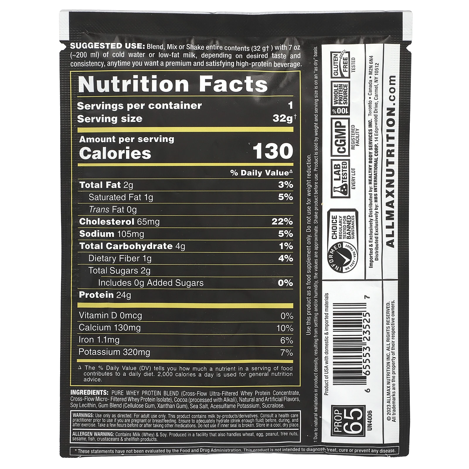 ALLMAX, Gold All Whey, 100% сывороточный протеин премиального качества, шоколад, 32 г (1,13 унции)