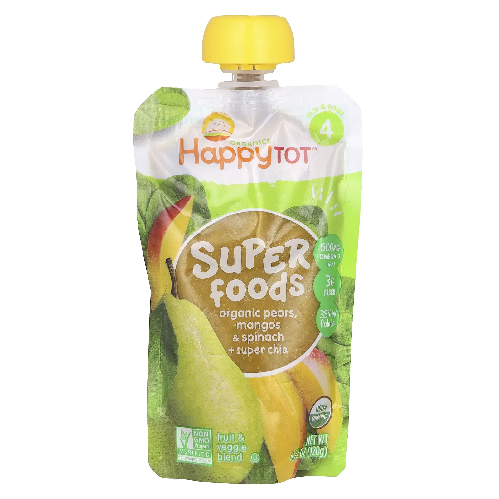 Happy Family Organics, HappyTot, SuperFoods, органические груши, манго, шпинат и супер чиа, 120 г (4,22 унции)