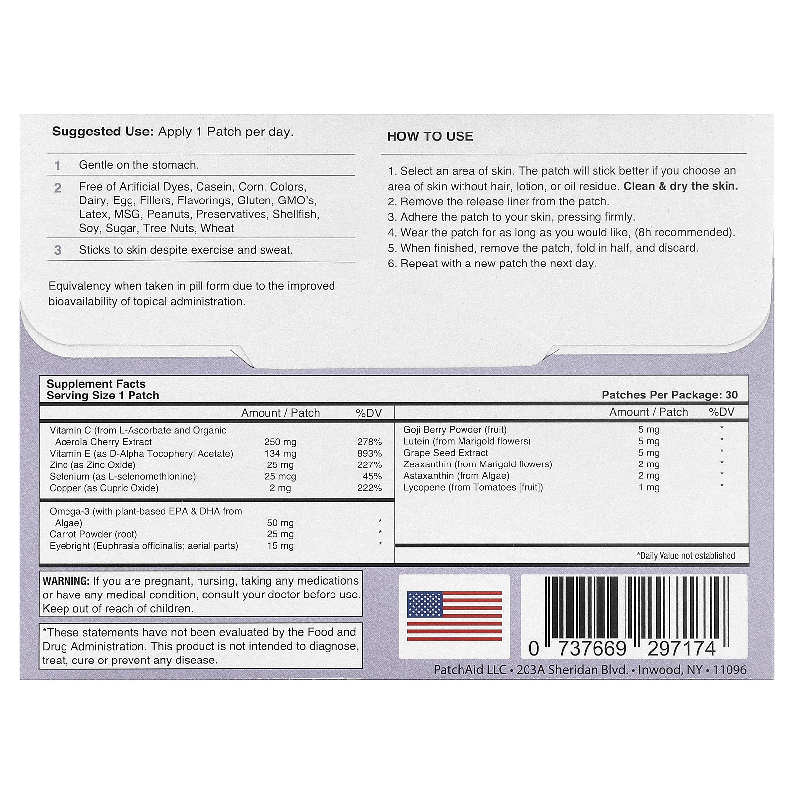 PatchAid, патчи с витаминами для здоровья глаз, 30 патчей