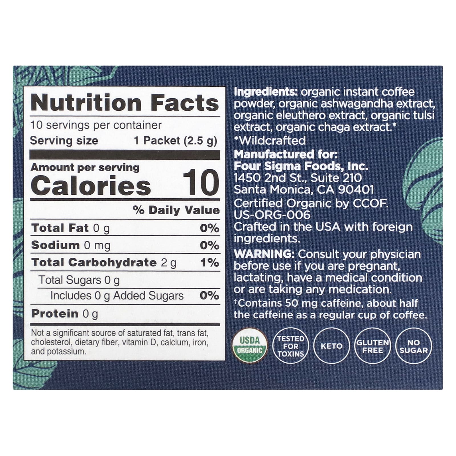 Four Sigmatic, растворимый органический кофе с адаптогенами ашвагандой и элеутерококком, баланс, средняя обжарка, 10 пакетиков по 2,5 г (0,09 унции)