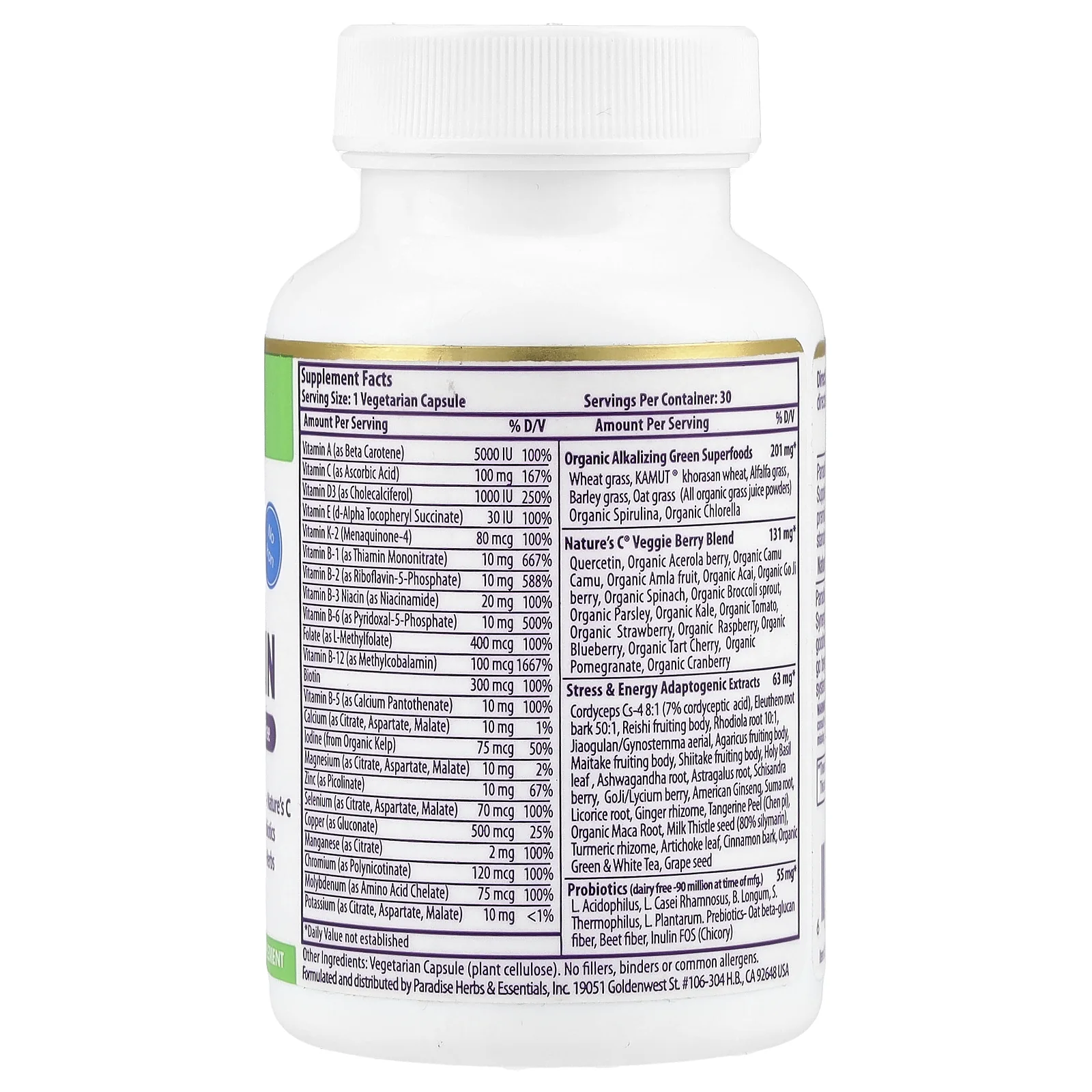 Paradise Herbs, Earth's Blend, ежедневные мультивитамины из суперпродуктов, без железа, 30 вегетарианских капсул