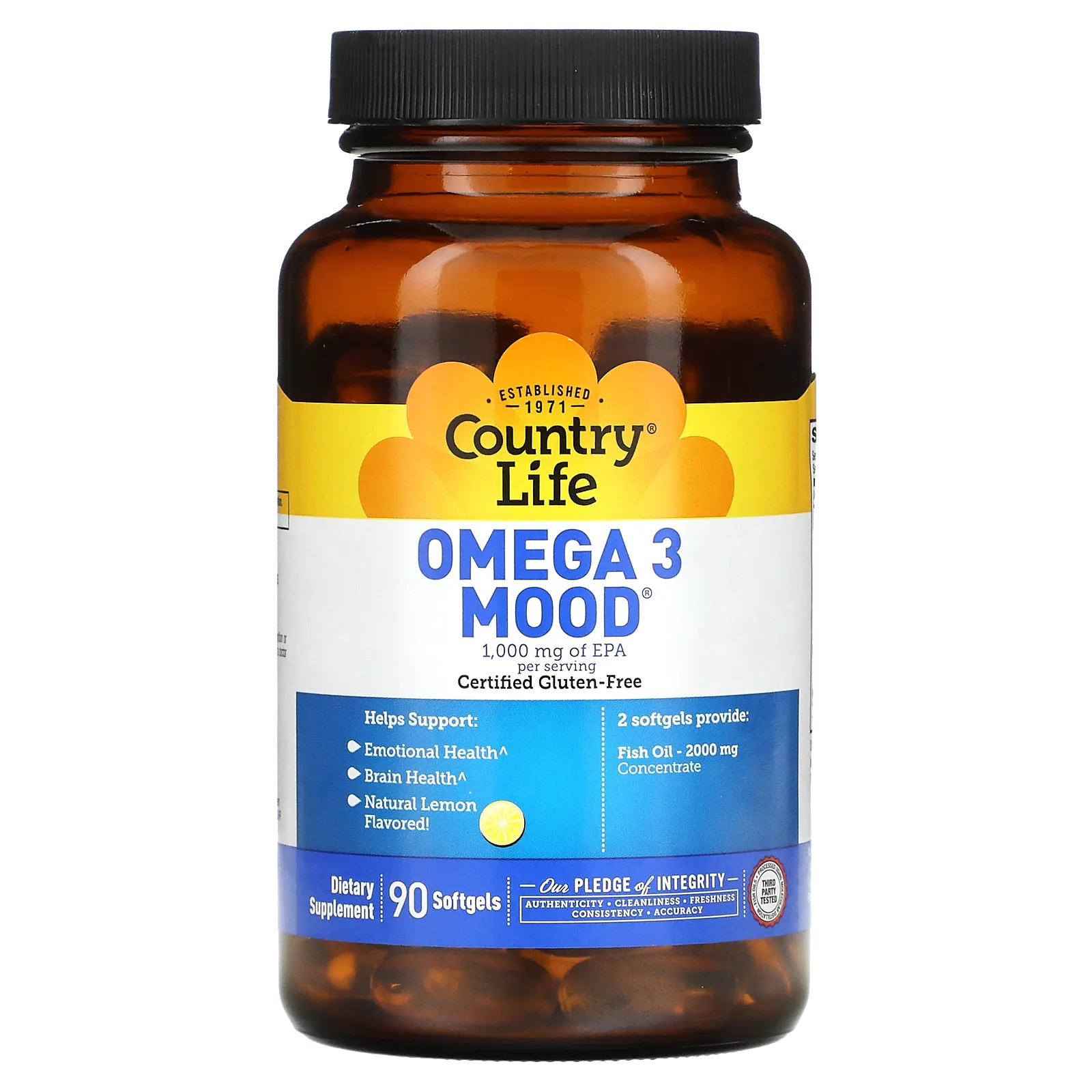 Country Life, Omega 3 Mood, натуральный ароматизатор со вкусом лимона, 90 мягких желатиновых капсул