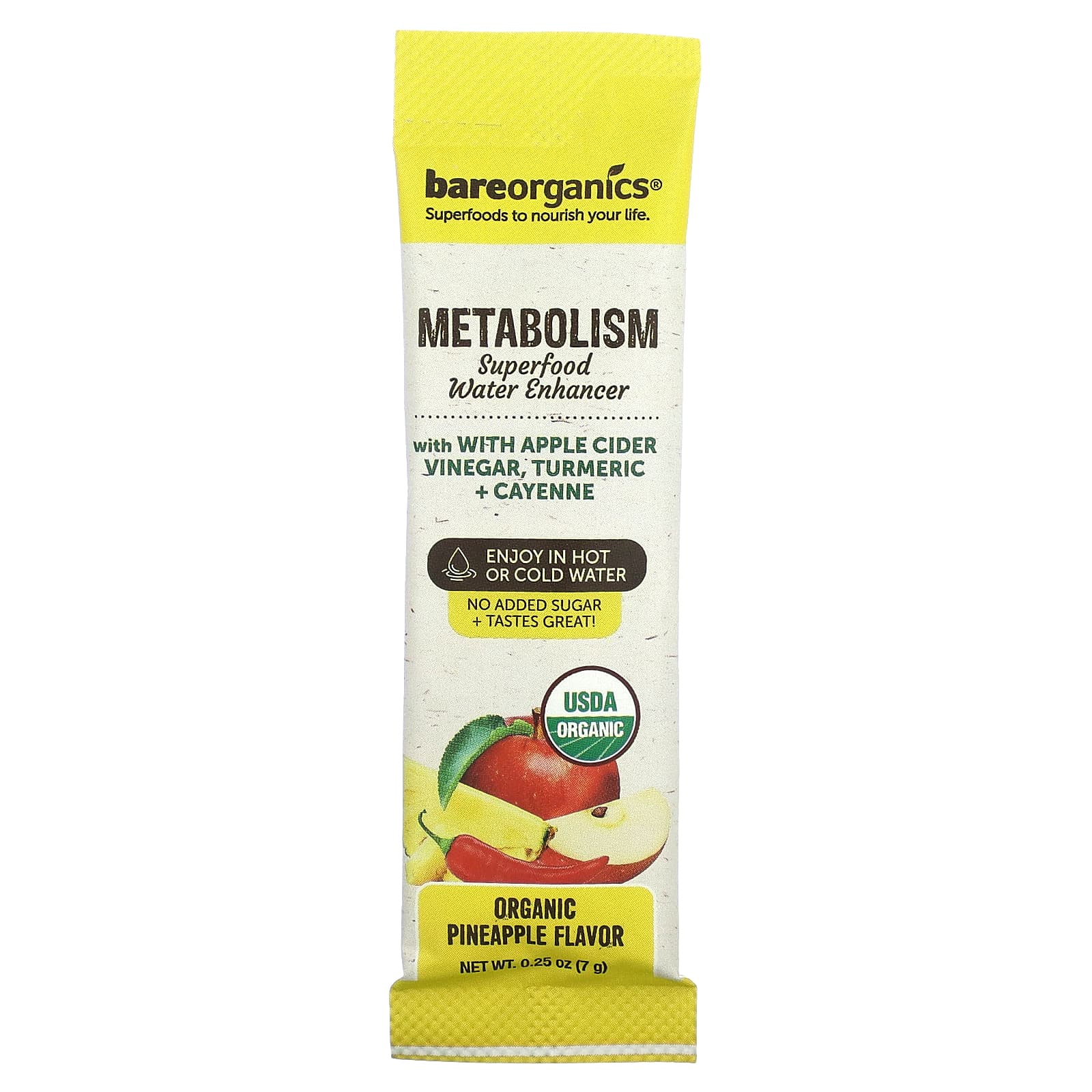 BareOrganics, Метаболизм, суперпродукты, улучшающие содержание воды, органический ананас, 12 пакетиков в виде стиков по 7 г (0,25 унции)