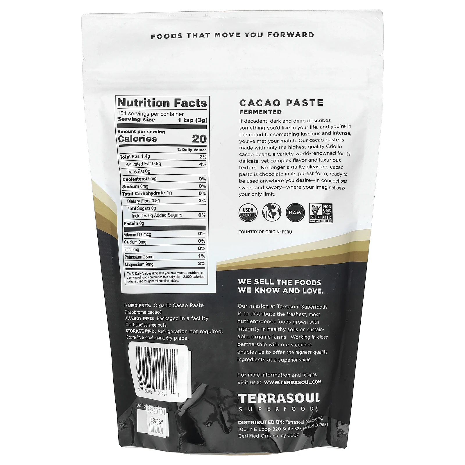 Terrasoul Superfoods, какао-паста, ферментированное, 454 г (16 унций)