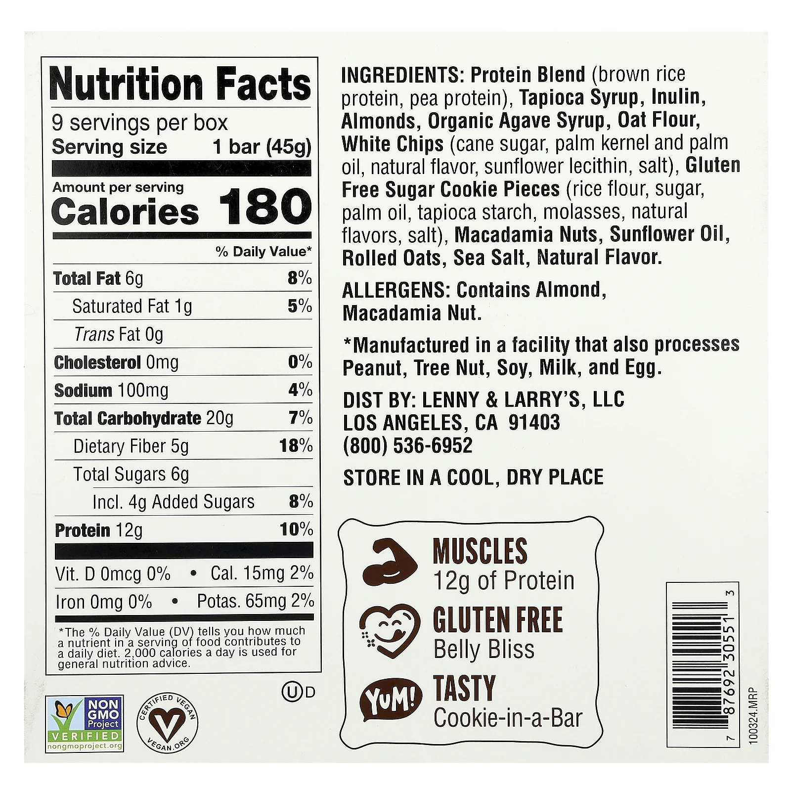 Lenny & Larry's, Cookie-Fied®, батончик с белой крошкой макадамии, 9 батончиков, 45 г (1,59 унции)