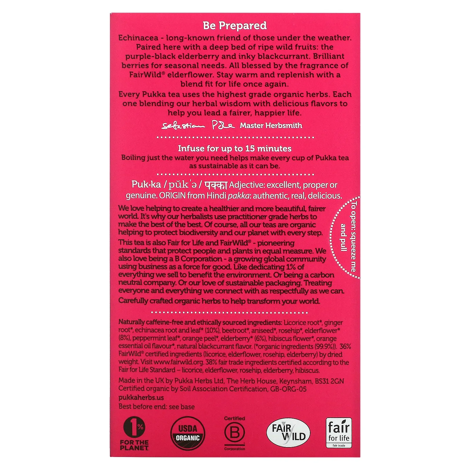 Pukka Herbs, Органический травяной чай, бузина и эхинацея, без кофеина, 20 пакетиков, 40 г (1,41 унции)