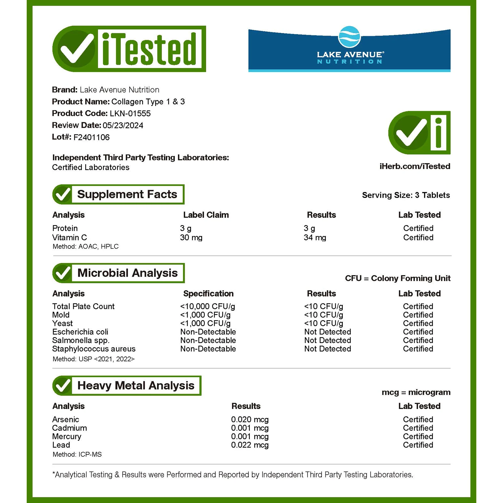 Lake Avenue Nutrition, гидролизованный коллаген типов I и III, 3000мг, 365 таблеток (1000 мг в 1 таблетке)