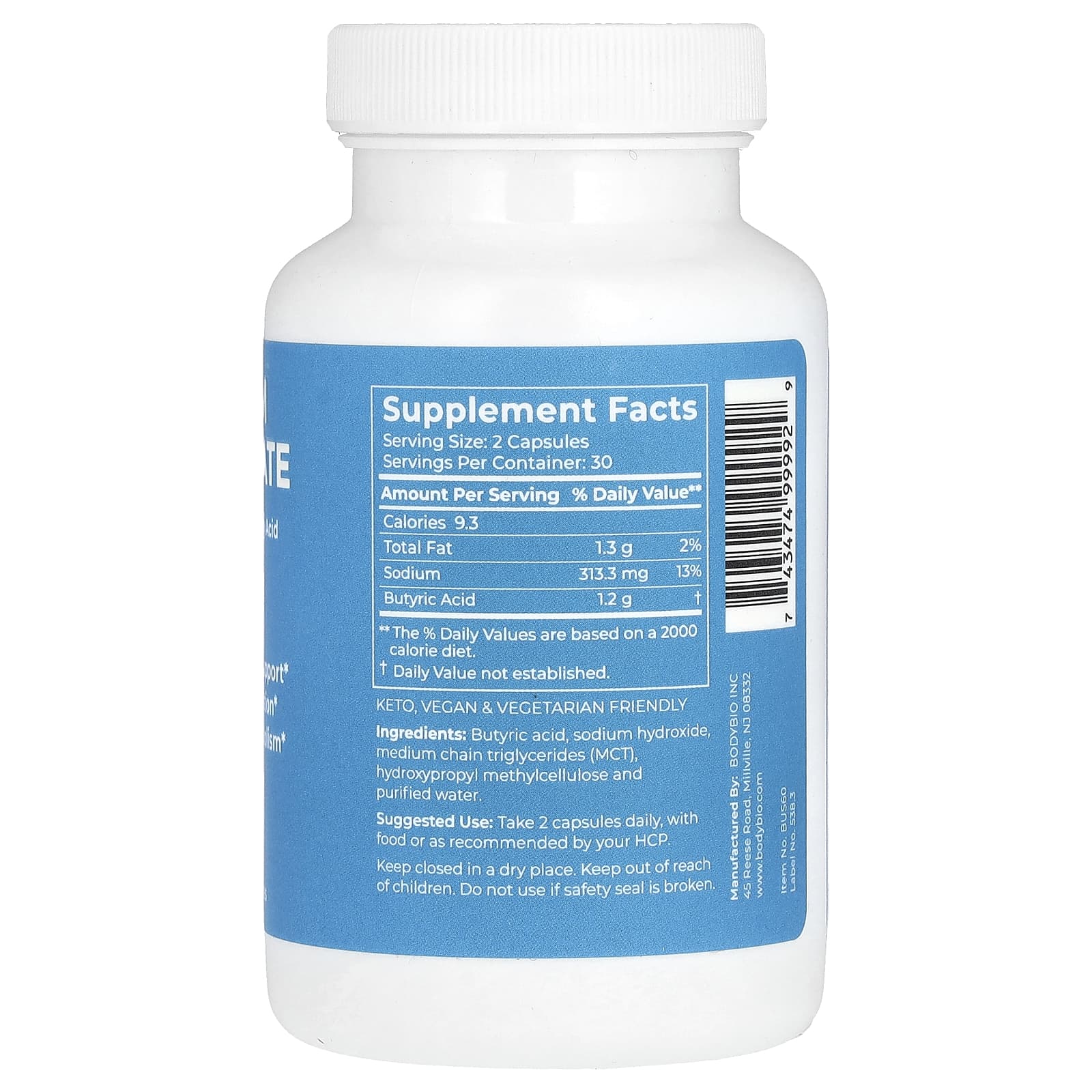 BodyBio, бутират натрия, 60 капсул без ГМО