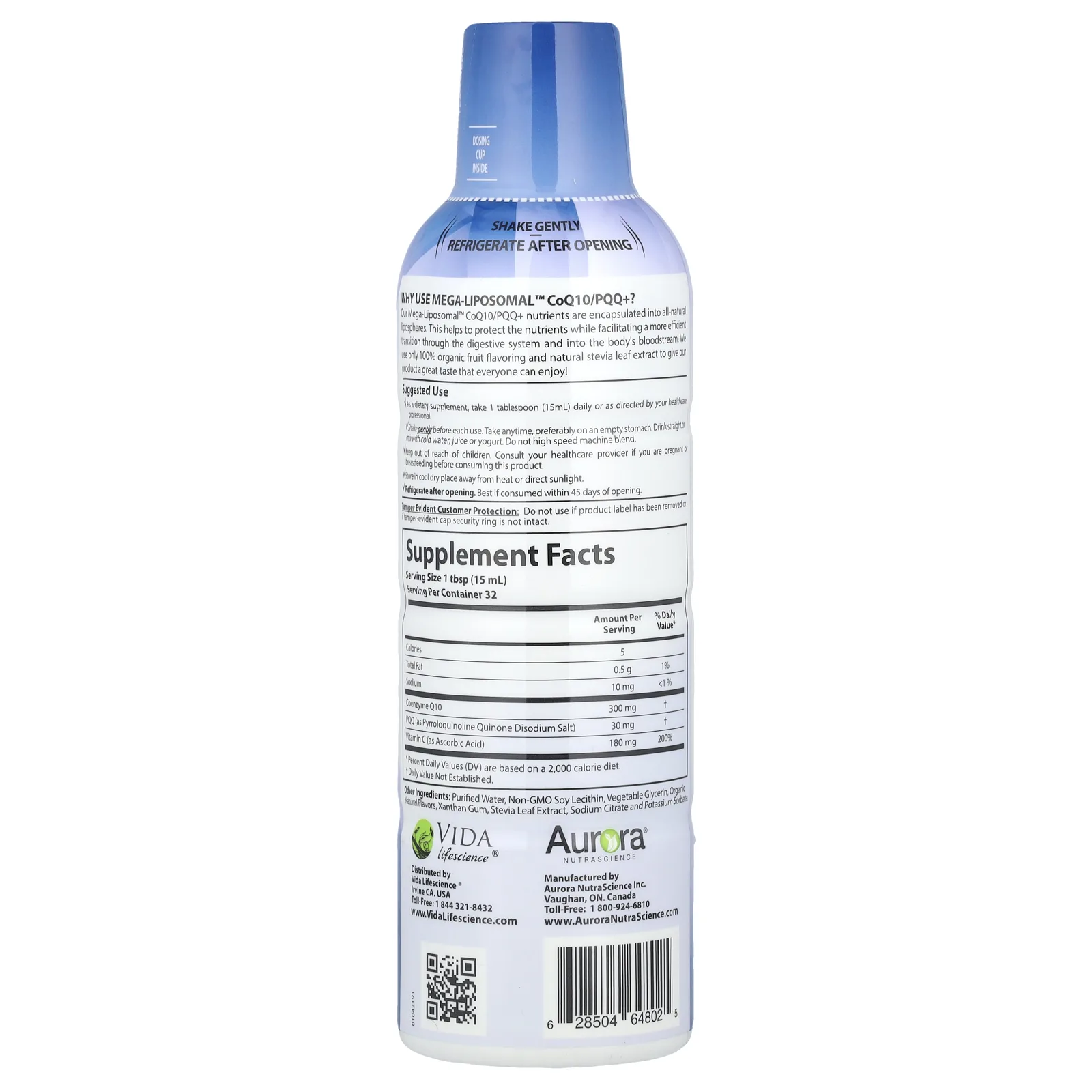 Aurora Nutrascience, Mega-Liposomal CoQ10/PQQ+, коэнзим Q10 и пирролохинолинхинон+, со вкусом органических фруктов, 480 мл (16 жидк. унций)