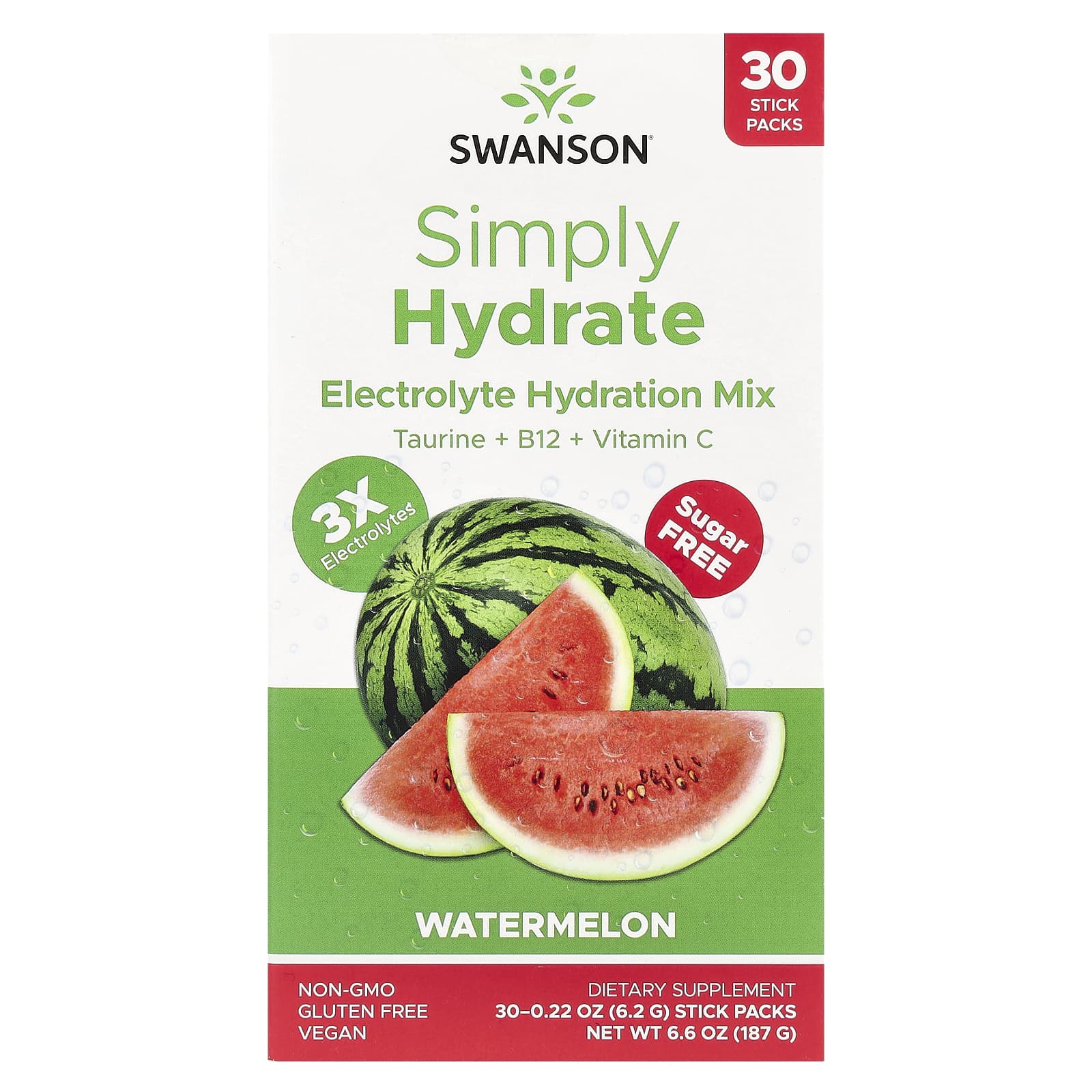 Swanson, Simply Hydrate, смесь для гидратации электролитов, арбуз, 30 пакетиков в стиках по 6,2 г (0,22 унции)