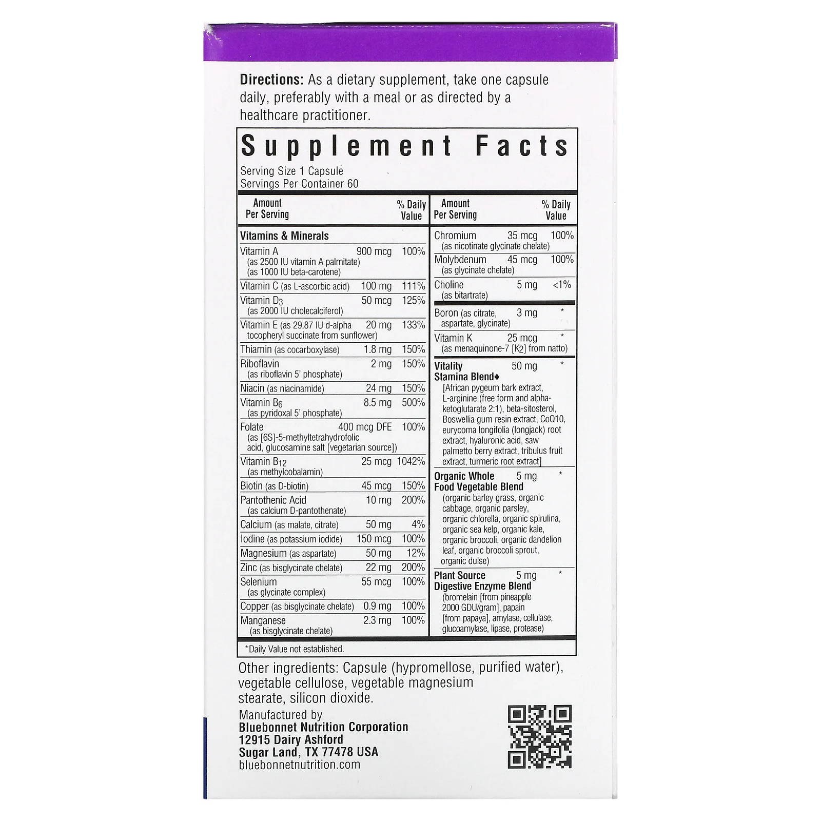 Bluebonnet Nutrition, Men's ONE, мультивитаминная добавка на основе цельных продуктов, для мужчин старше 40 лет, 60 растительных капсул