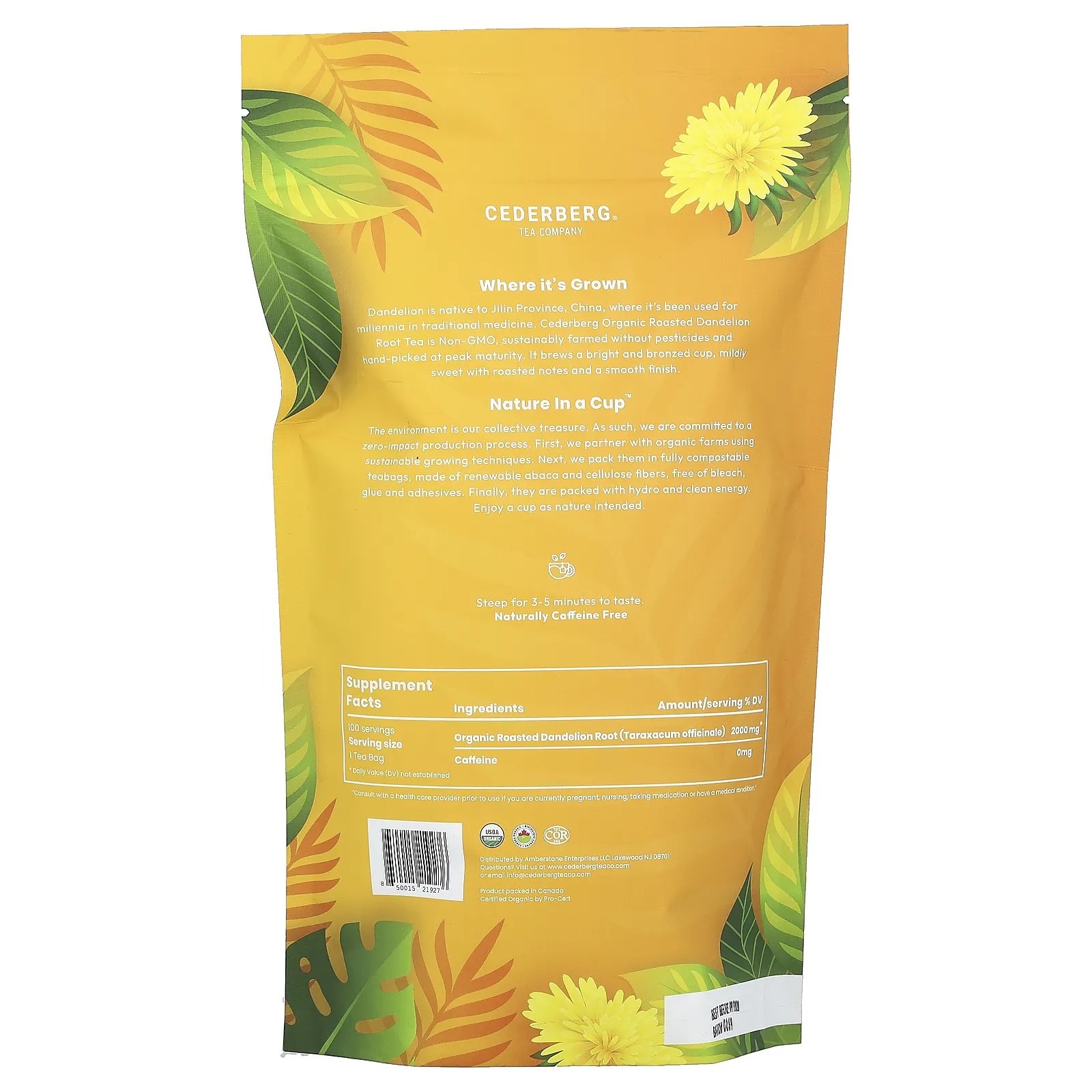 Cederberg Tea Co, органический корень одуванчика, без кофеина, 100 натуральных чайных пакетиков, 200 г (7 унций)