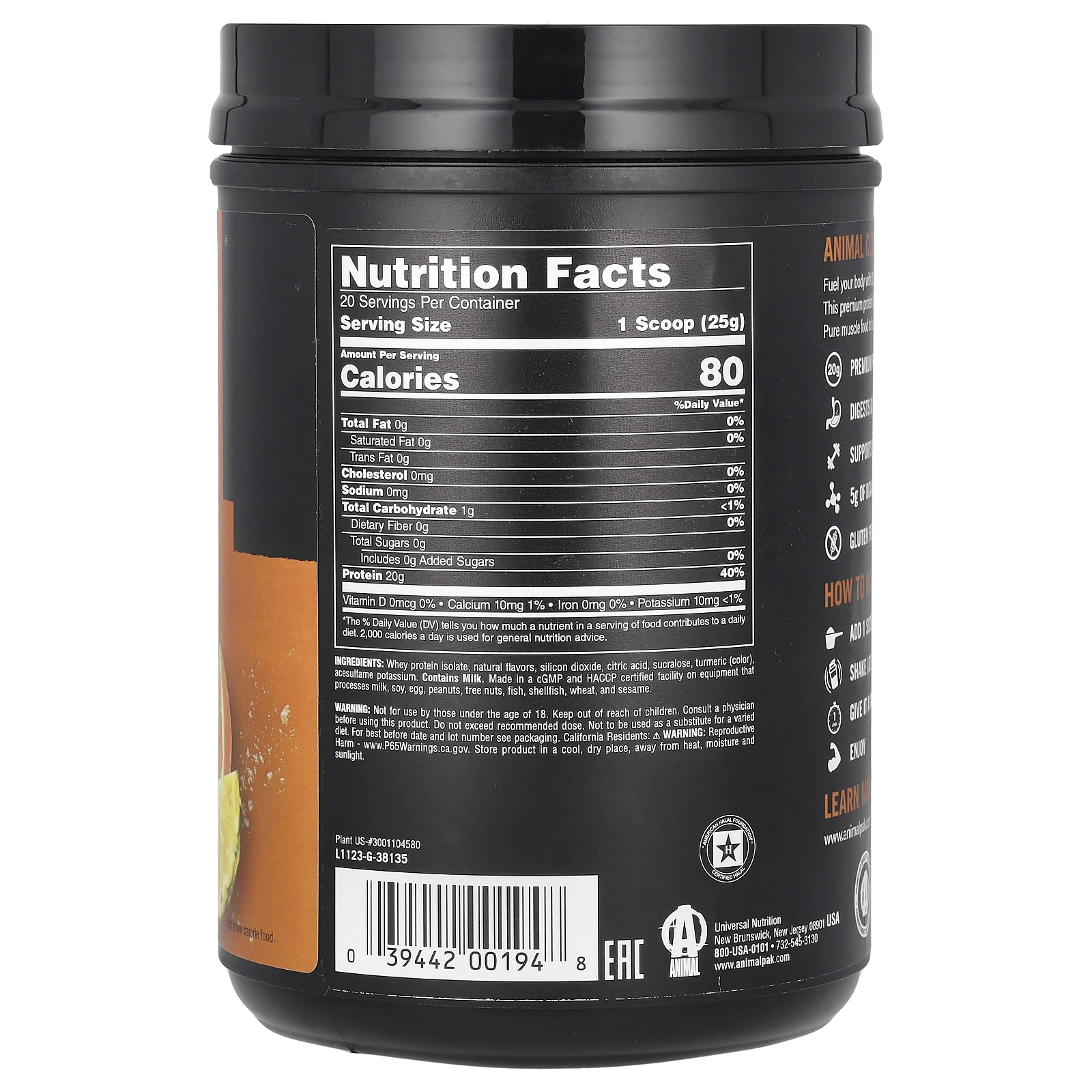 Animal, прозрачный сывороточный изолят, со вкусом ананаса и апельсина, 500 г (1,1 фунта)