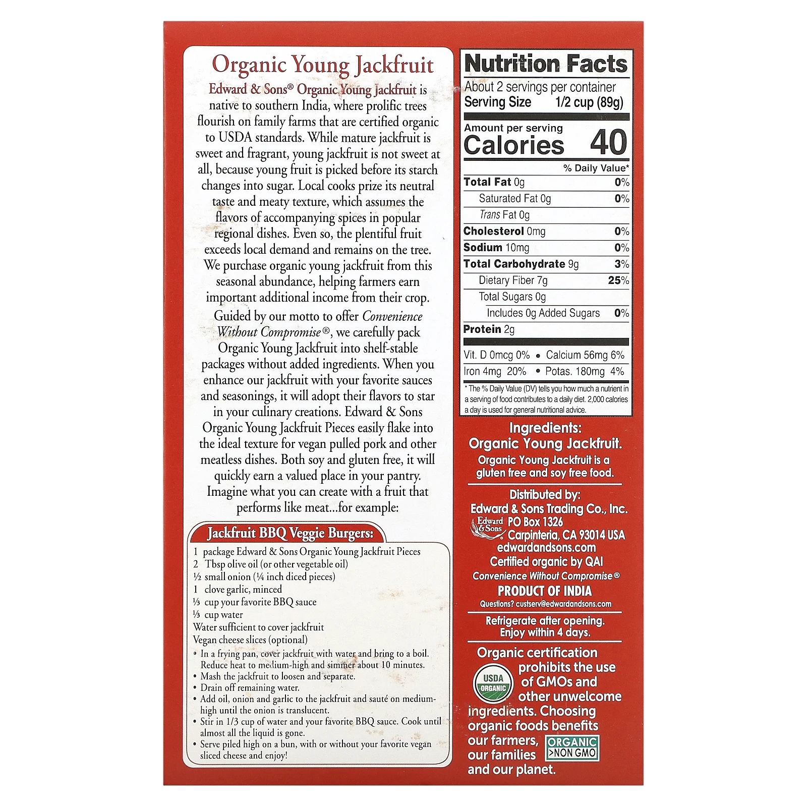 Edward & Sons, Органический молодой джекфрут, незасыпанные кусочки, 200 г (7 унций)