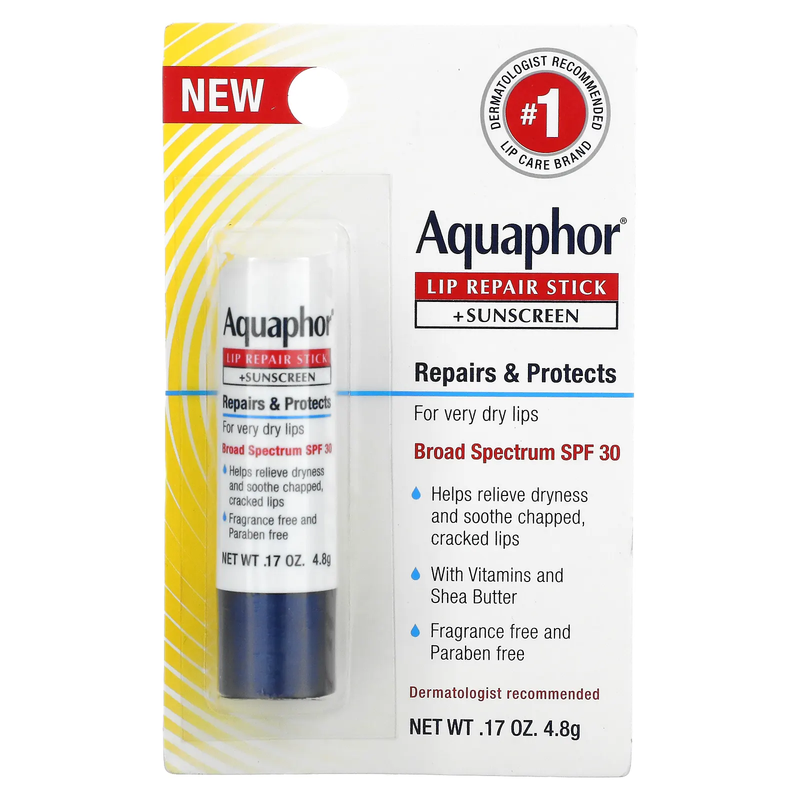 Aquaphor, Стик для восстановления губ + солнцезащитный крем, SPF 30, без отдушек, 4,8 г (0,17 унции)