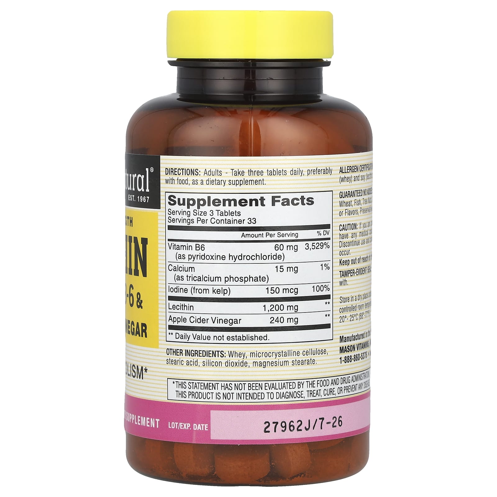 Mason Natural, лецитин, морские водоросли, витамин В6 и яблочный уксус, повышенная сила действия, 100 таблеток