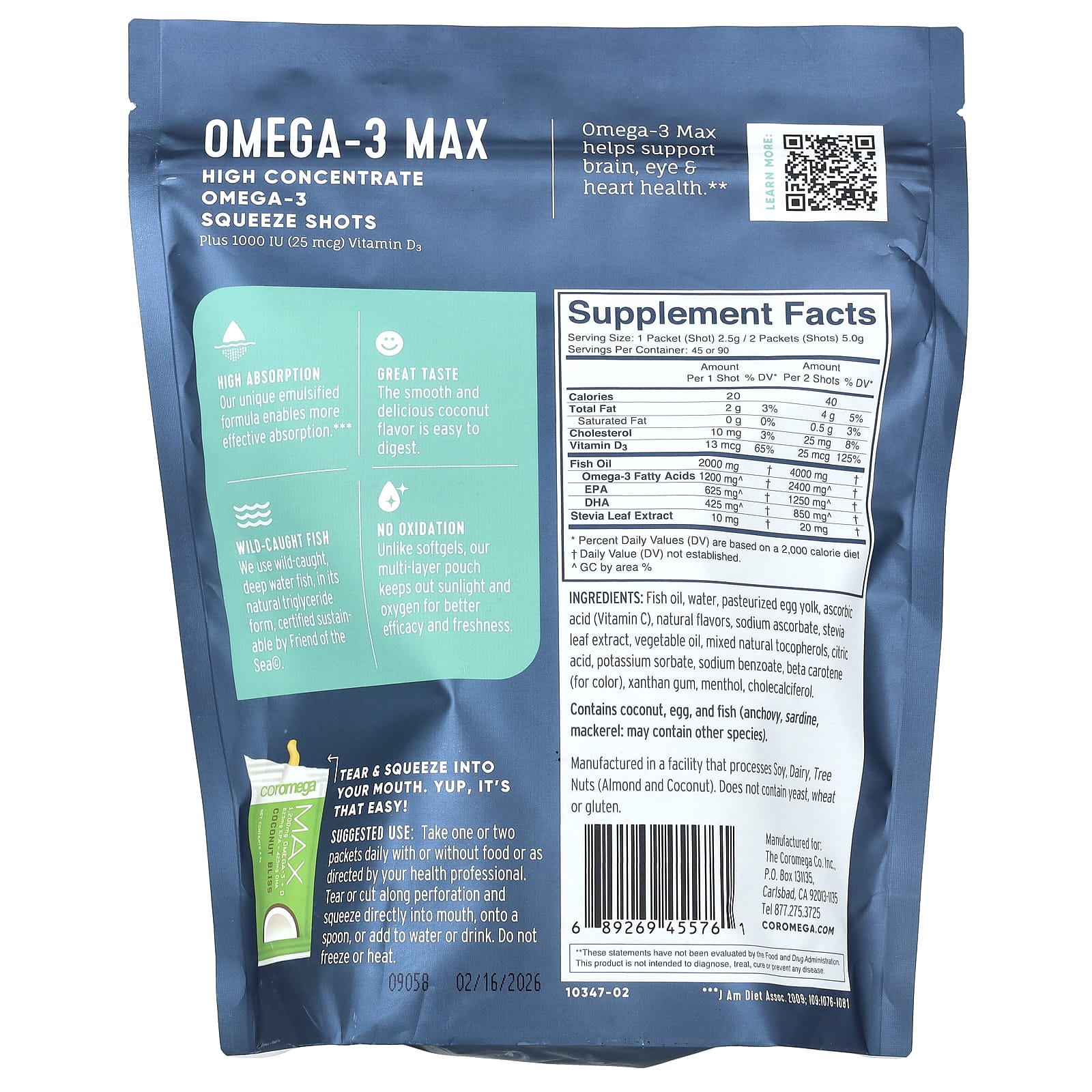 Coromega, Omega-3 Max Plus, высококонцентрированный витамин D3, со вкусом кокоса, 90 порционных пакетиков по 2,5 г