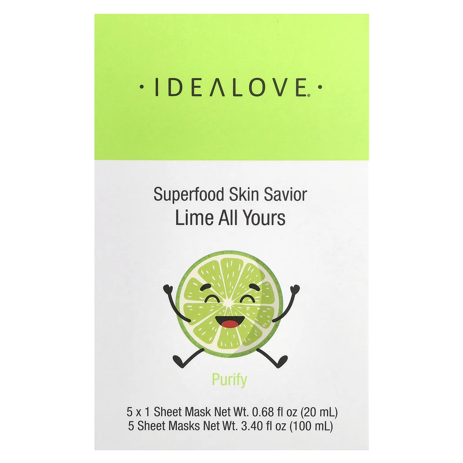 Idealove, Superfood Skin Savior, маска с суперфудами, лайм, 5 шт. по 20 мл (0,68 жидк. унции)
