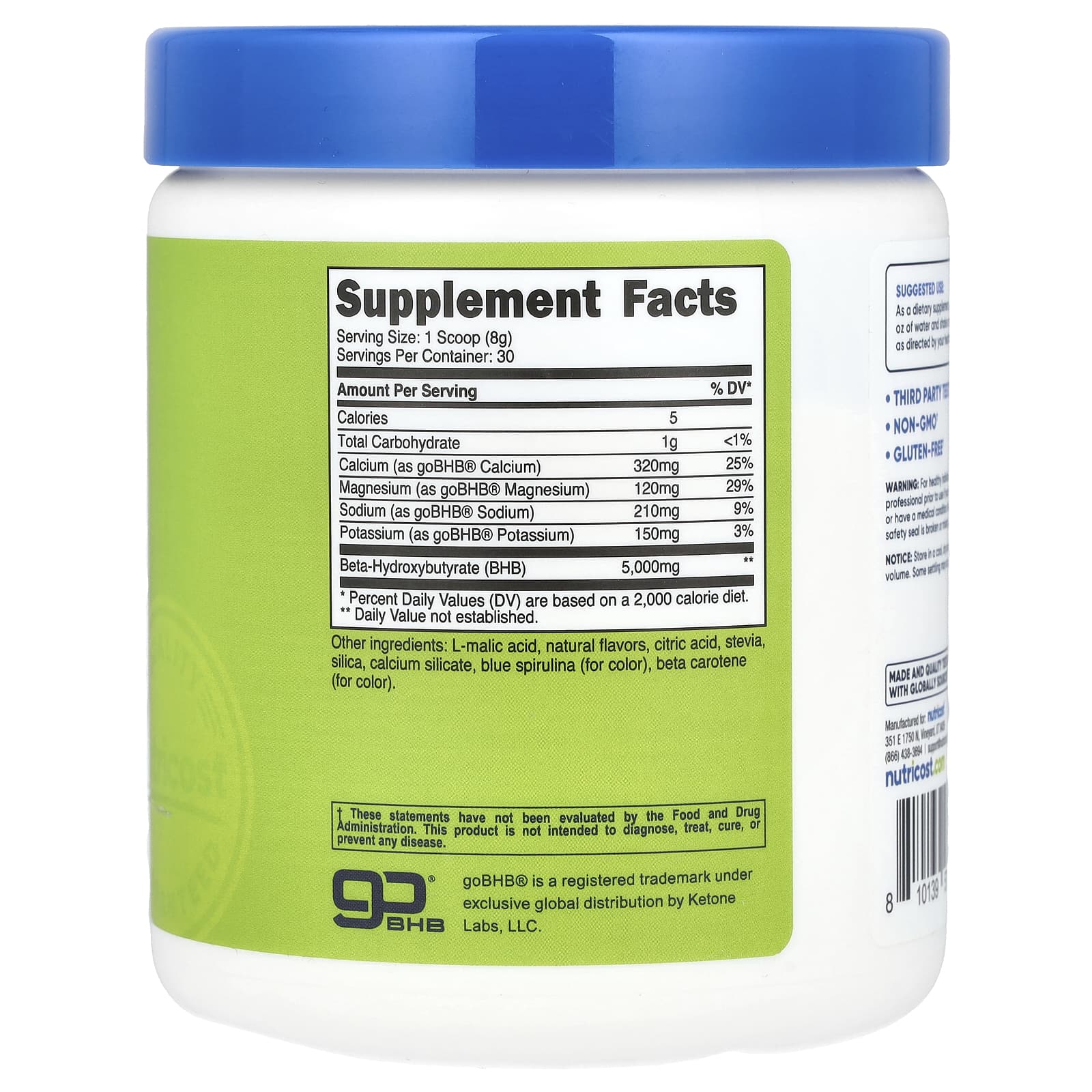 Nutricost, BHB Salts goBHB, зеленое яблоко, 252 г (9 унций)