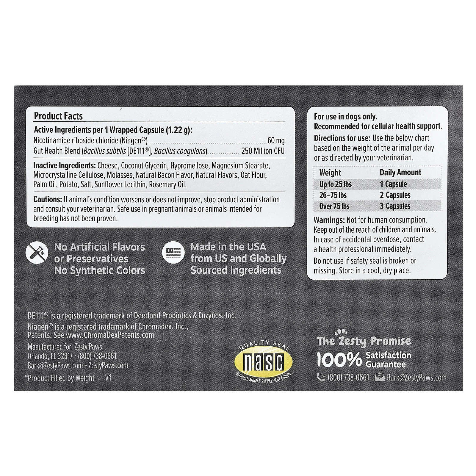 Zesty Paws, Healthy Aging, NAD + прекурсор, для собак, 60 капсул и упаковка для таблеток, 252 г (8,8 унции)