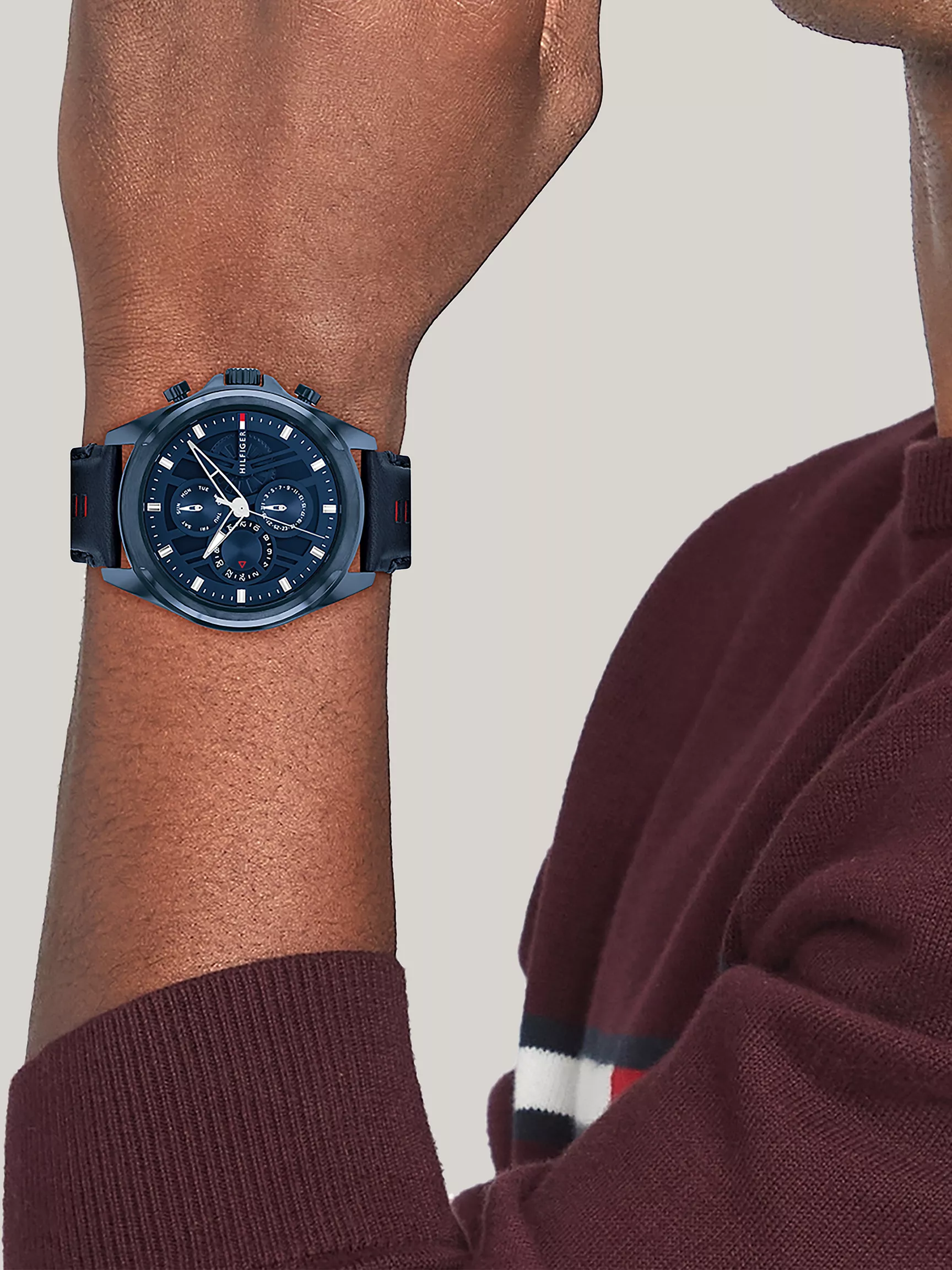 Мужские часы Tommy Hilfiger, Часы 48 мм с многослойным циферблатом и синим кожаным ремешком