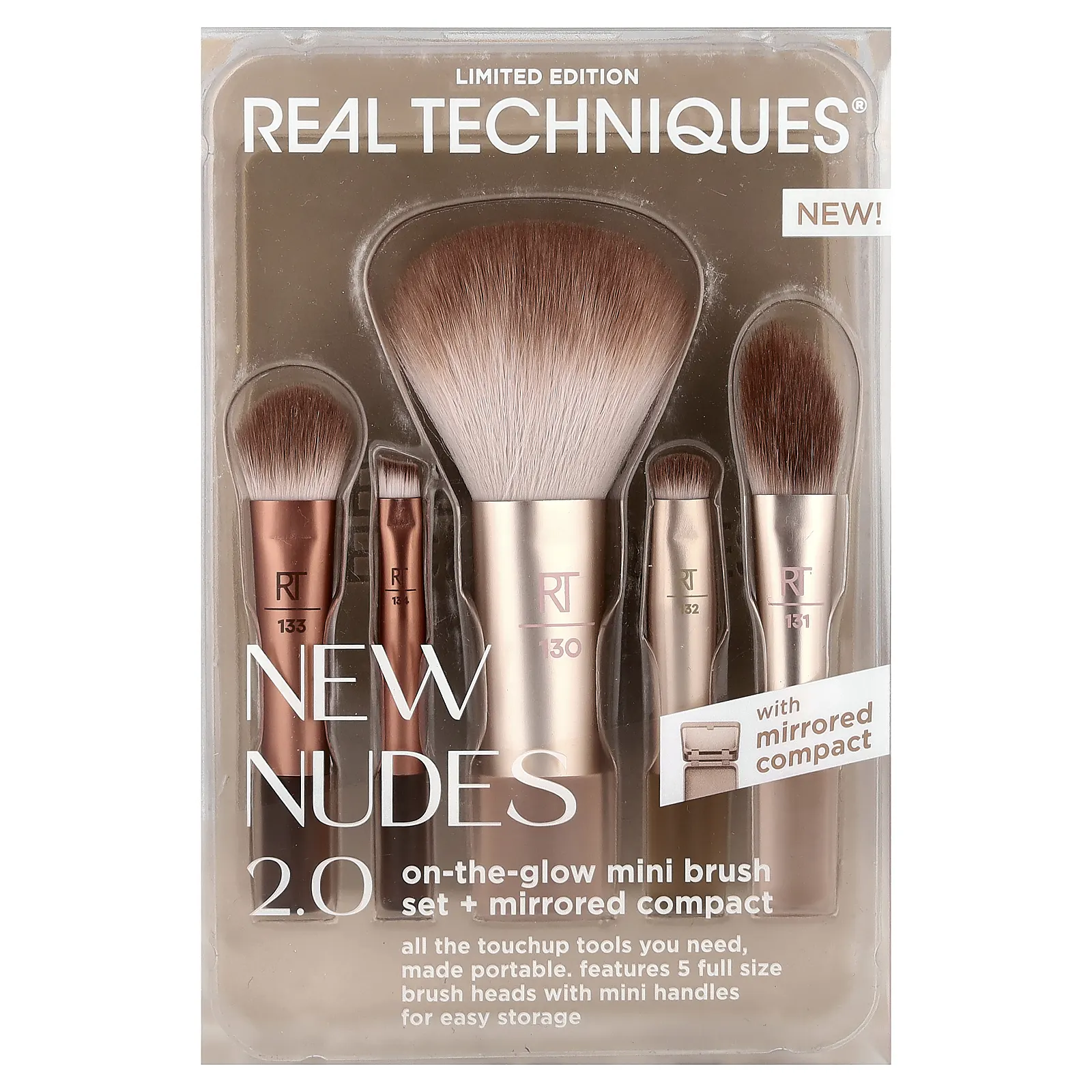Real Techniques, New Nudes 2.0, набор мини-кистей On-The-Glow и глянцевый, набор из 6 предметов