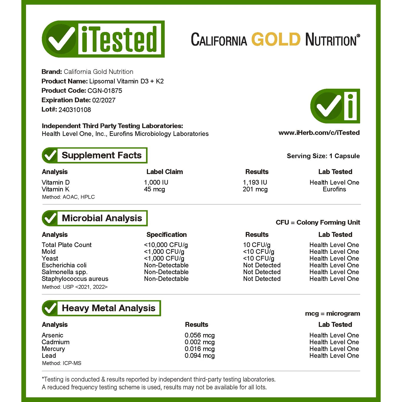 California Gold Nutrition, липосомальные витамины K2 и D3, 60 вегетарианских капсул