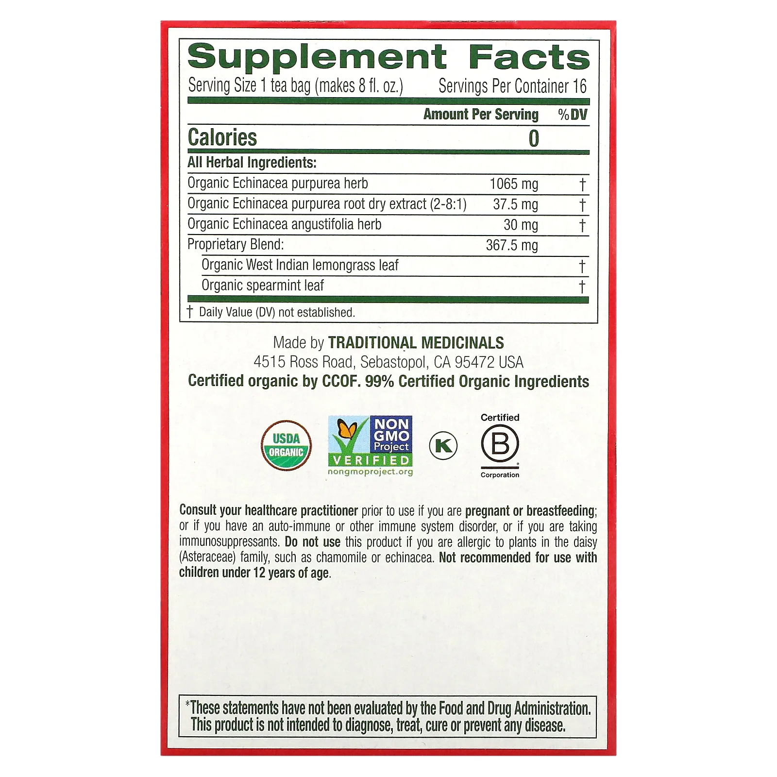 Traditional Medicinals, Organic Echinacea Plus, оригинальный вкус с мятой, без кофеина, 16 чайных пакетиков в упаковке, 24 г (0,85 унции)