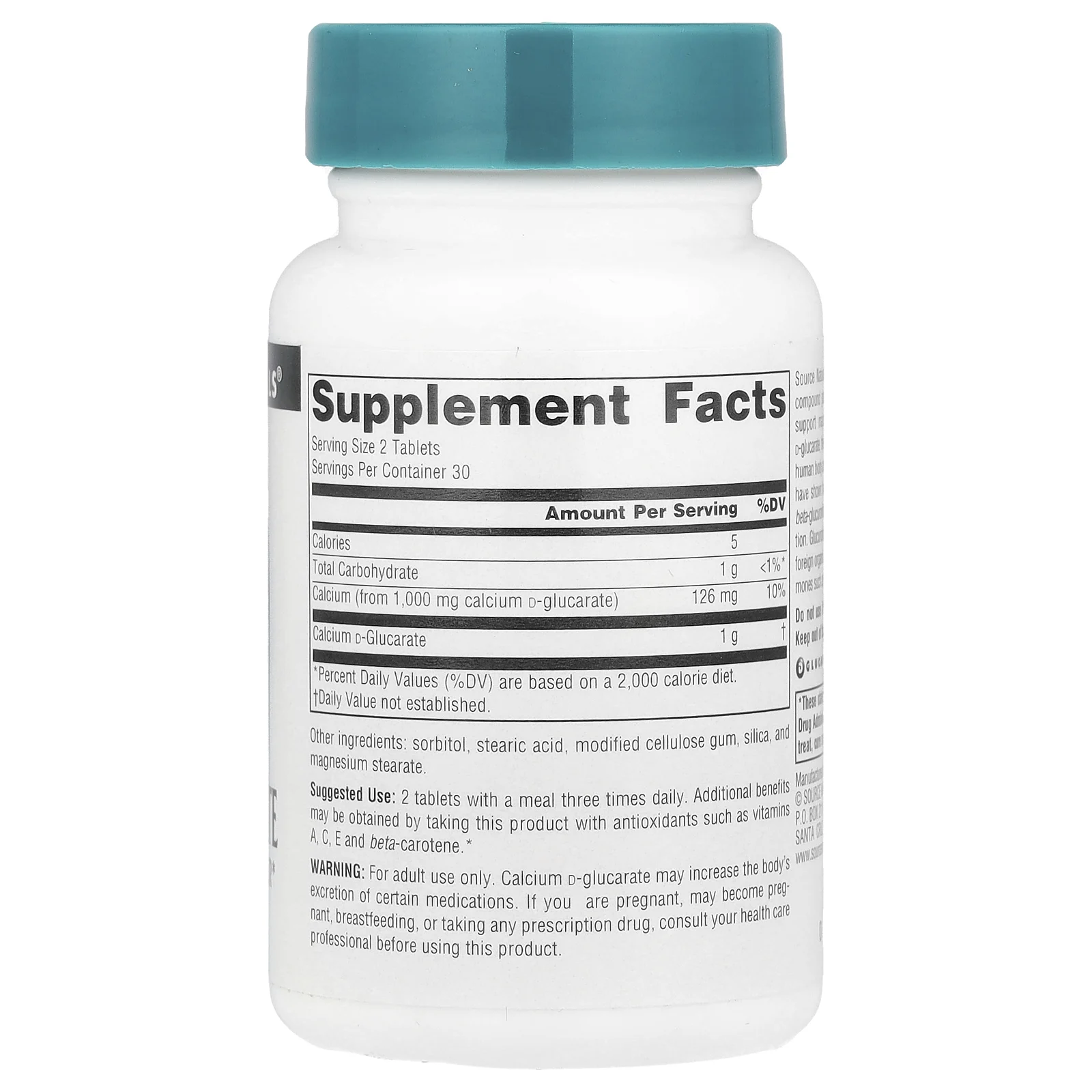 Source Naturals, D-глюкарат кальция, 1000 мг, 60 таблеток (500 мг в каждой таблетке)