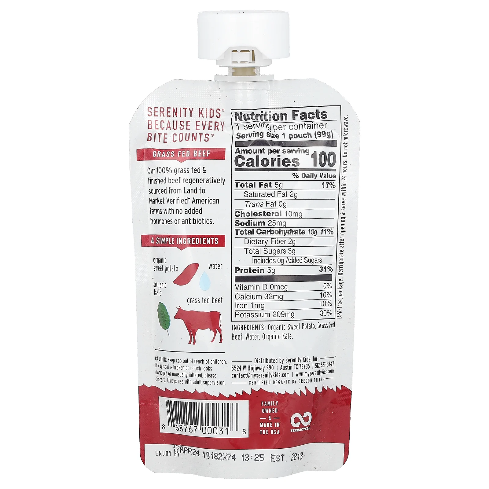 Serenity Kids, детское питание, от 6 месяцев, 100% говядина травяного откорма с органической листовой капустой и бататом, 99 г (3,5 унции)