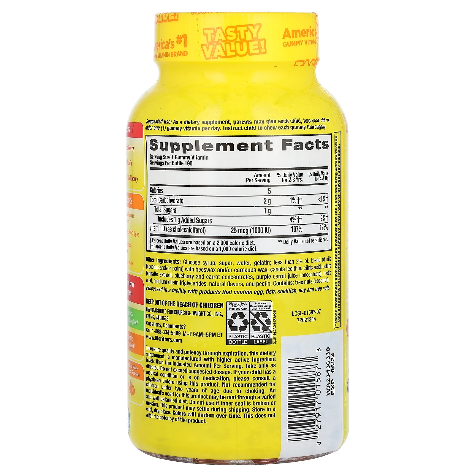 L'il Critters, витамин D3, со вкусом малины, персика и ежевики, 190 жевательных таблеток