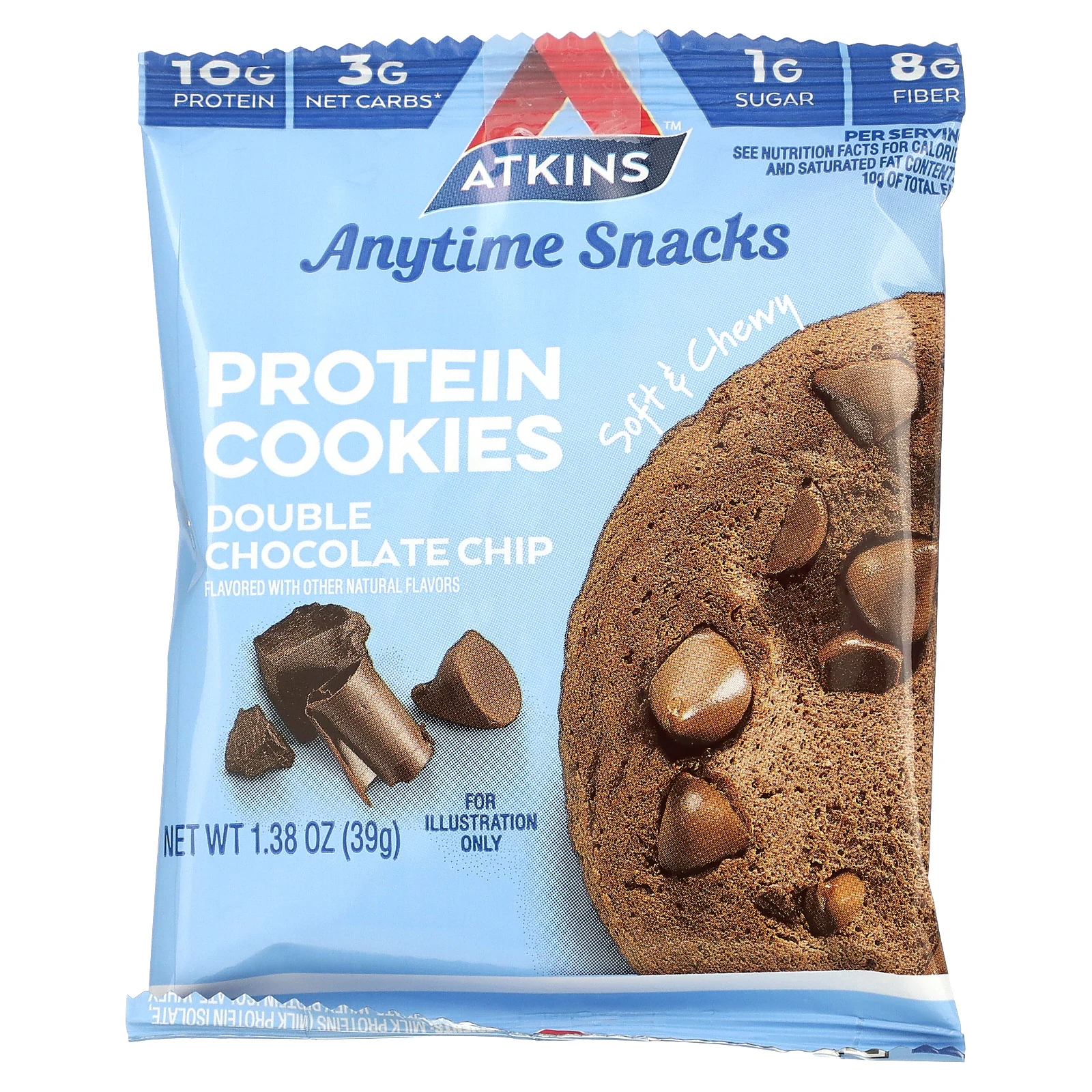 Atkins, Snack, протеиновое печенье, двойная шоколадная крошка, 4 печенья, 39 г (1,38 унции)