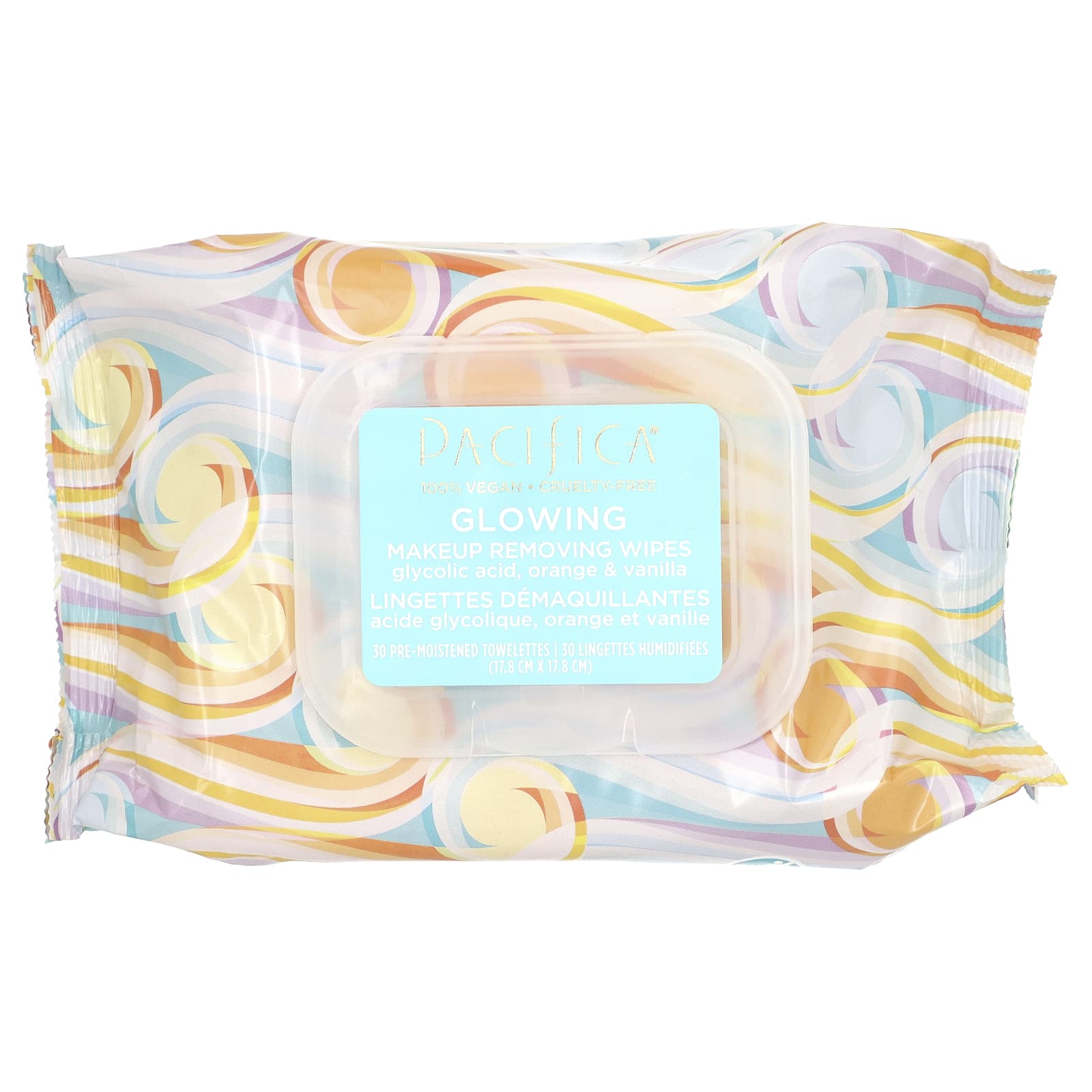 Pacifica, салфетки для снятия макияжа, сияние, гликолевая кислота, апельсин и ваниль, 30 увлажненных салфеток