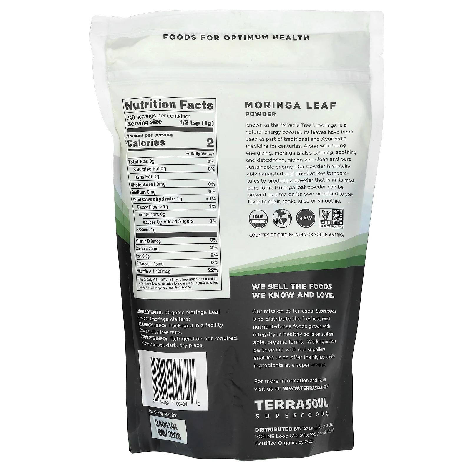 Terrasoul Superfoods, порошок из листьев моринги, Miracle Tree, 340 г (12 унций)