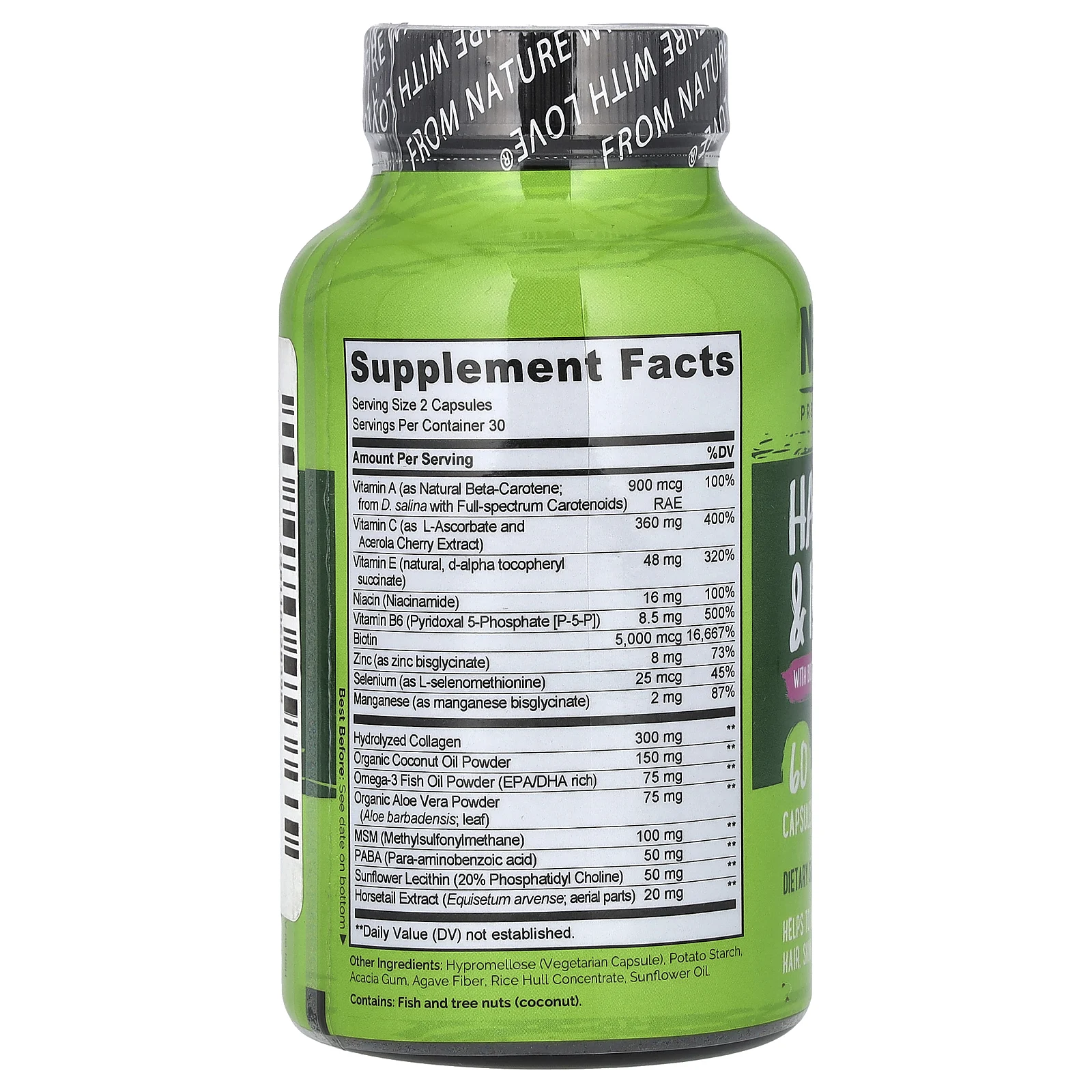 NATURELO, Для волос, кожи и ногтей с биотином и коллагеном, 60 капсул