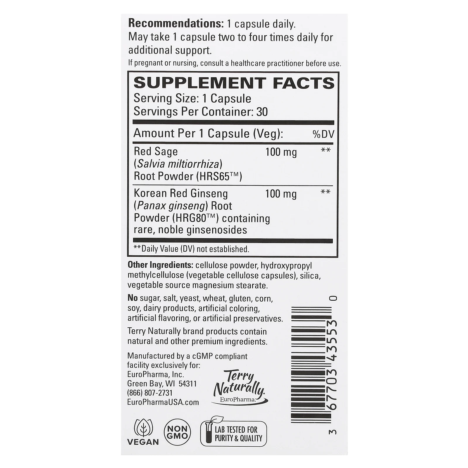 Terry Naturally, Red Sage Plus с HRG80 красным женьшенем, 30 капсул