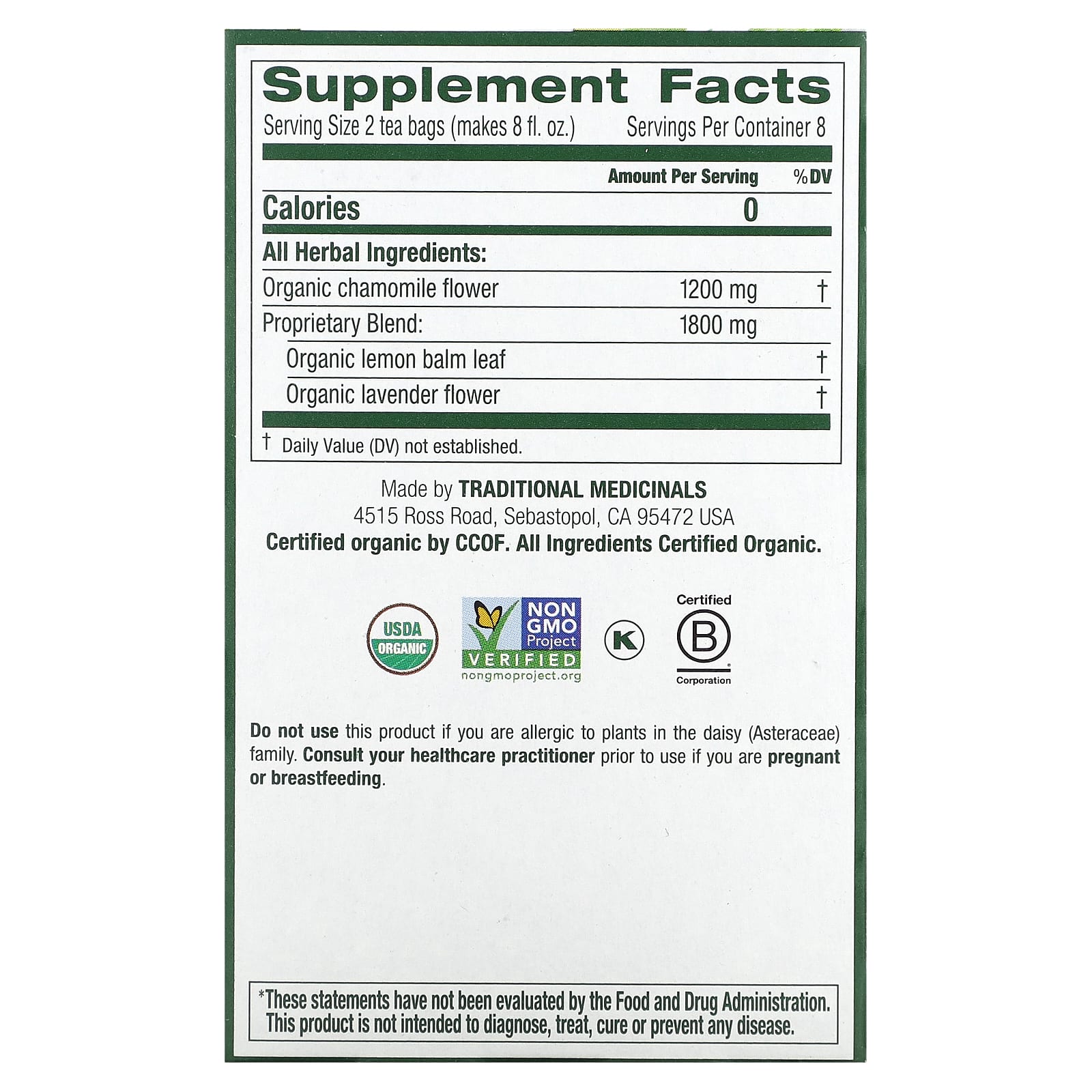 Traditional Medicinals, органическая ромашка с лавандой без кофеина, 16 чайных пакетиков, 24 г (0,85 унции)