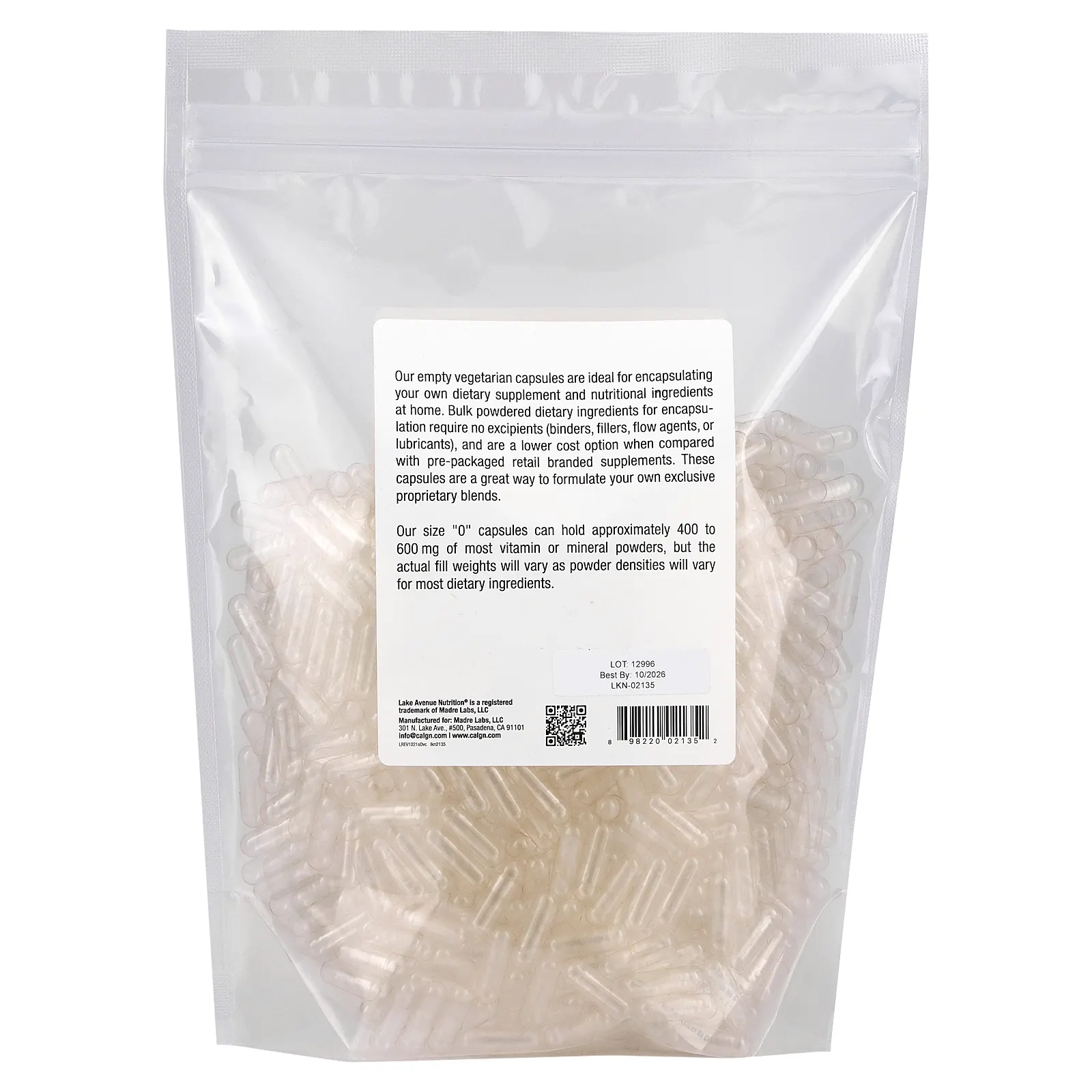 Lake Avenue Nutrition, пустые капсулы, размер «0», примерно 1000 пустых вегетарианских капсул