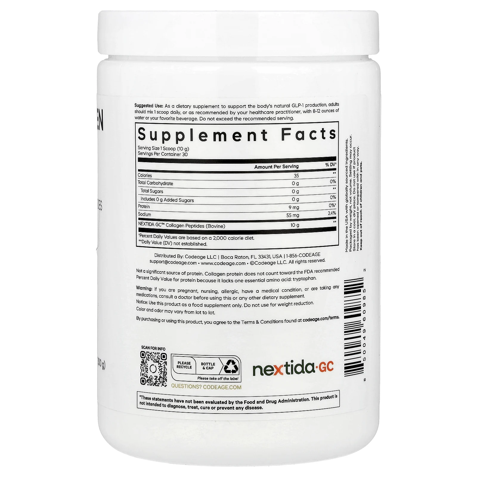 Codeage, Порошок из пептидов коллагена GLP-1, Trim & Glow®, без добавок, 300 г (10,58 унции)