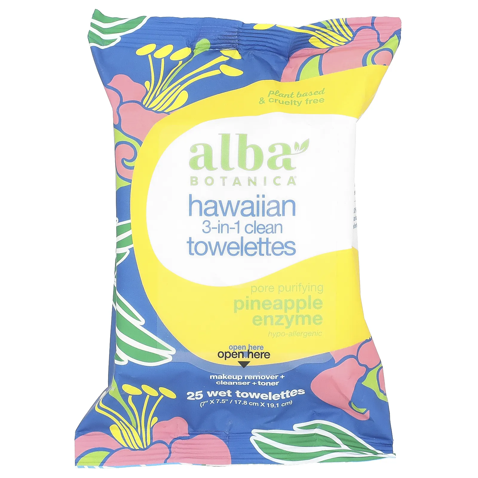 Alba Botanica, Hawaiian, очищающие салфетки 3 в 1, с ананасовым ферментом, 25 влажных салфеток
